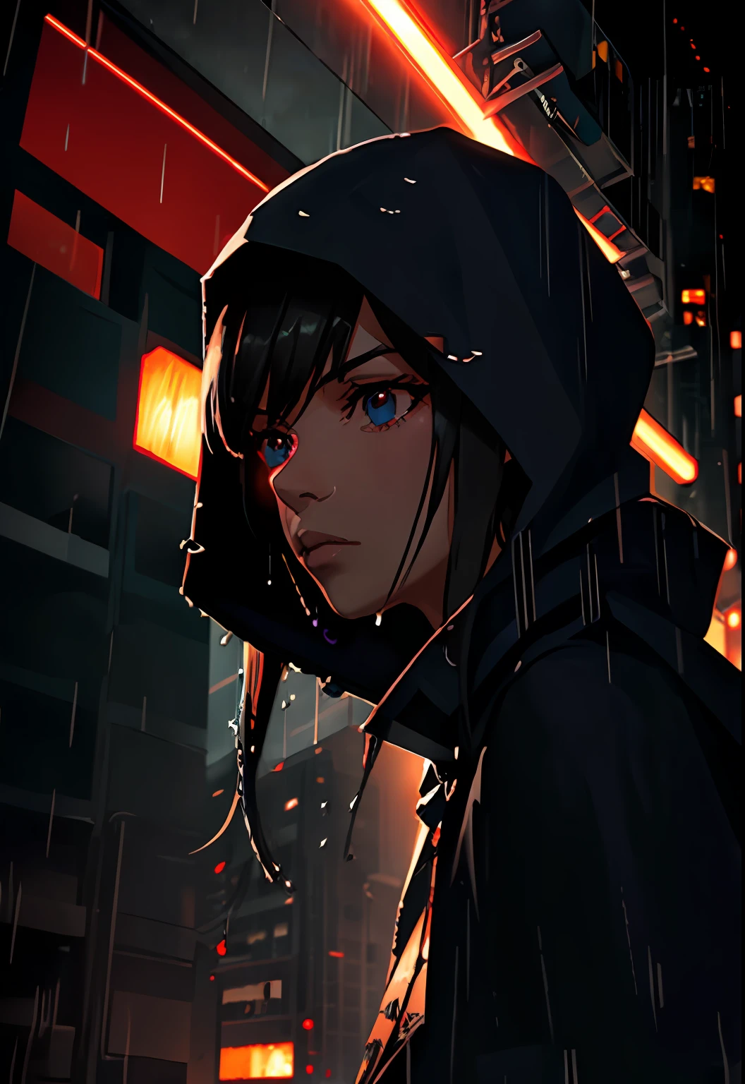 (Ultrarealistic:1.3),(grainy:0.8), natural lighting, futuristic city, (raining:1.3), (dark:1.3), (fog:1.2), red lights, orange lights, blue lights AND girl, cape with hood, light logo, [cyberpunk clothing:torn fabric:0.35], red lights, orange lights, menacing, sharp,(Cold Colors:0.75)