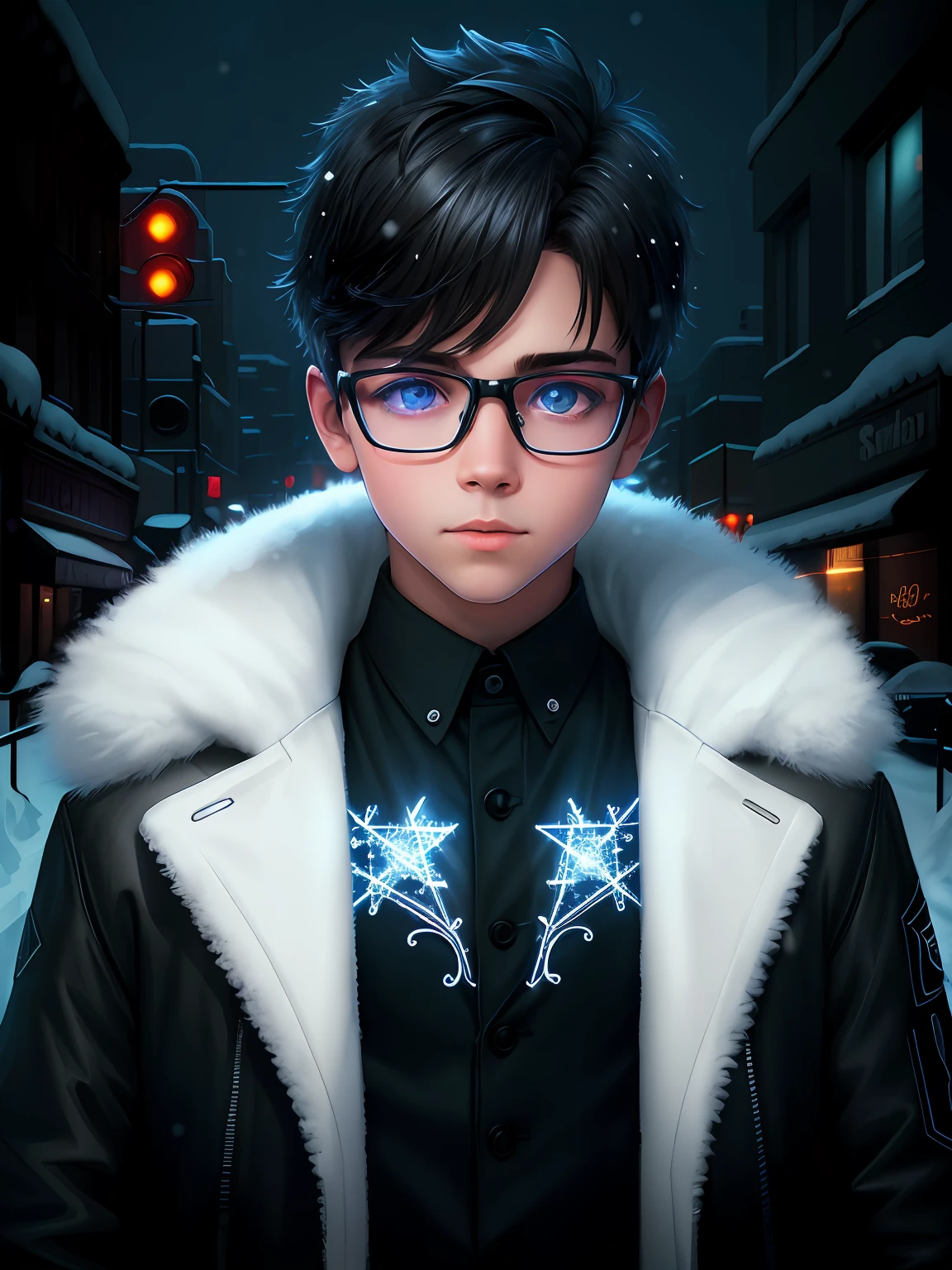 snow apocalypse portrait of a super cute boy , boy with glasses , dark light , neon sign , haunting atmosphere , digital art , intricate , 8k resolution , super high quality ,