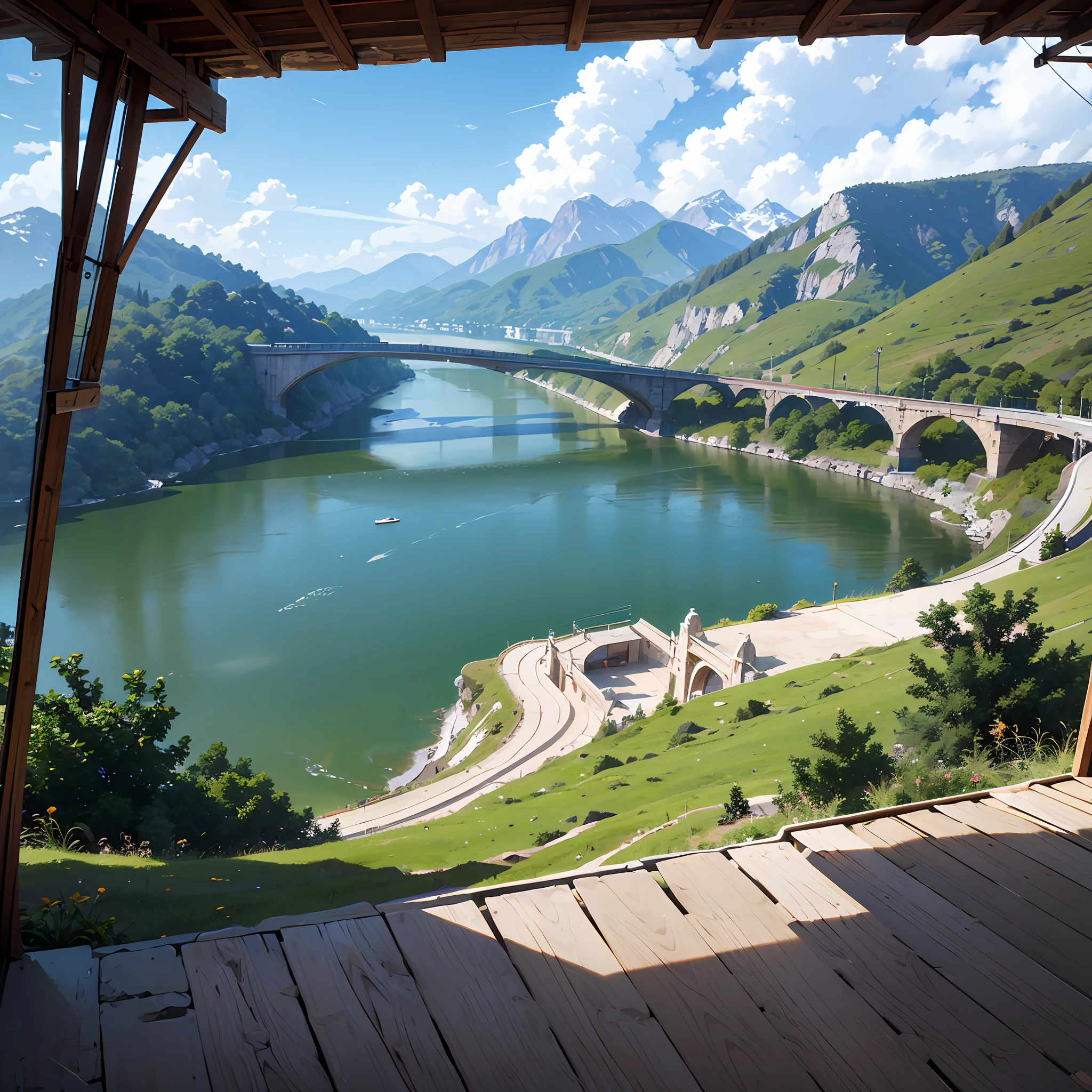 planning, overhead view, panoramic view, 5000Ha, bridge over the river, high mountains surrounded by scenery --auto