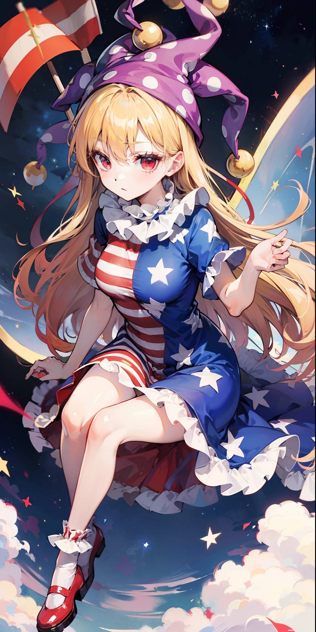 touhou project,Clownpiece，Blond hair,Red eyes,Flag of the United States dress，Flag of the United States socks，universe，fairy wings