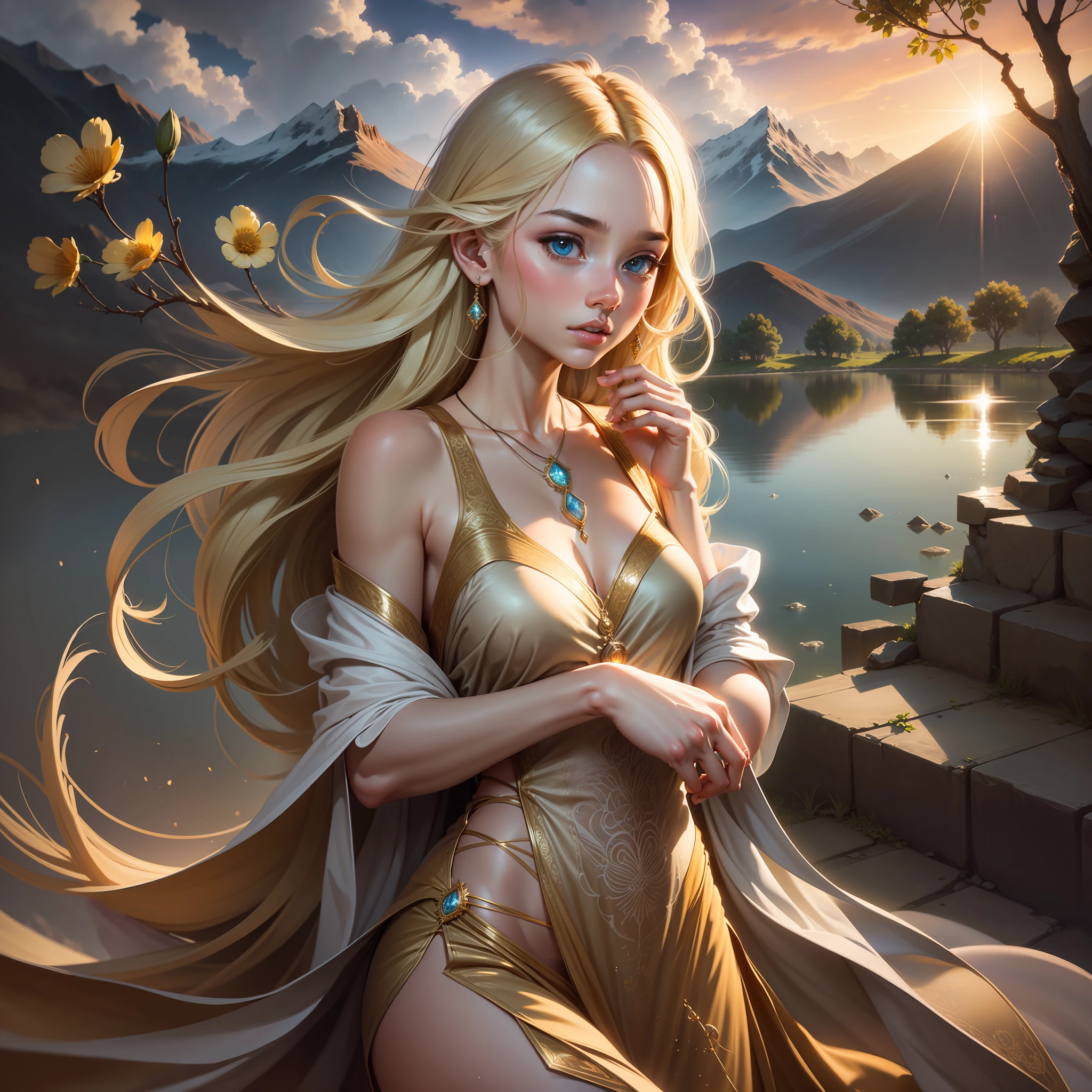 1 girl, serene expression, mesmerizing eyes, straight long hair, flowing dress, poised posture, porcelain skin, subtle blush, crystal pendant
BREAK
golden hour, (rim lighting):1.2, warm tones, sun flare, soft shadows, vibrant colors, painterly effect, dreamy atmosphere
BREAK
scenic lake, distant mountains, willow tree, calm water, reflection, sunlit clouds, peaceful ambiance, idyllic sunset, ultra detailed, official art, unity 8k wallpaper
, zentangle, mandala
