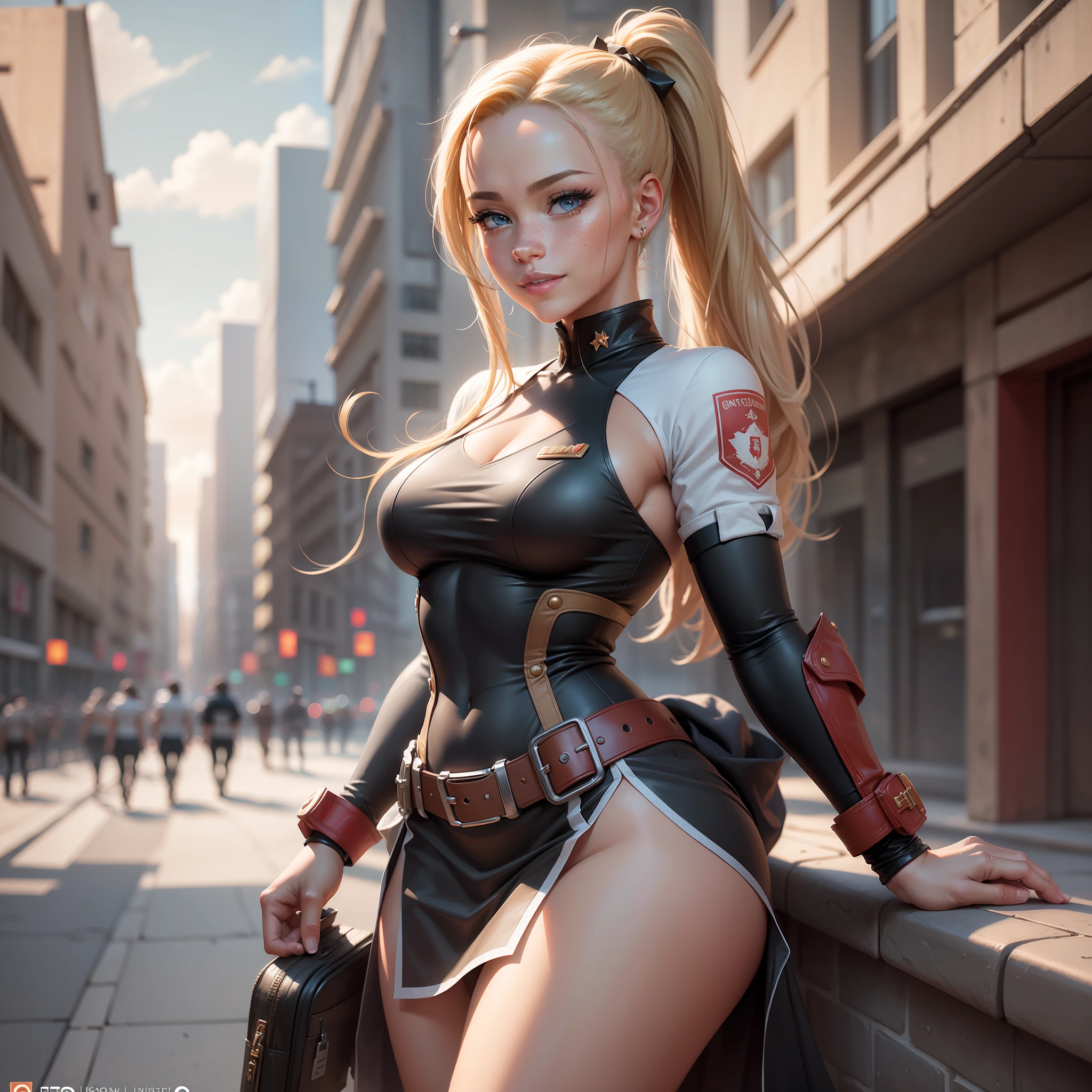 Illustrations hyper realistic, ultra detailed photograph of a BLACK woman being the character cammy from the street fighter game, military clothes, with skirt, showing the whole body, smiling, the afternoon, depth of field, HOF, hall of fame, detailed gorgeous face, scenery of an air base, natural body posture, professional photographer, captured with professional DSLR camera, trending on Artstation, 64k, ultra detailed, ultra accurate detailed, medium bokeh lighting, surrealism, Thomas Kinkade background, urban, ultra unreal engine, WLOP, Pauline Voß, Pascal Quidault, , Christian Schob, Martina Fackova, intricate, epic, freckles, peach fuzz, detailed mascara