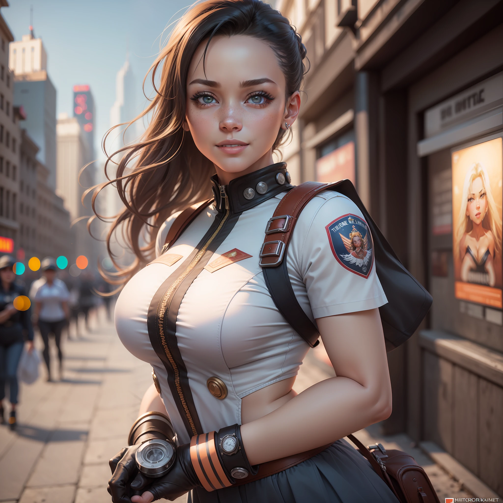 Illustrations hyper realistic, ultra detailed photograph of a BLACK woman being the character cammy from the street fighter game, military clothes, with skirt, showing the whole body, smiling, the afternoon, depth of field, HOF, hall of fame, detailed gorgeous face, scenery of an air base, natural body posture, professional photographer, captured with professional DSLR camera, trending on Artstation, 64k, ultra detailed, ultra accurate detailed, medium bokeh lighting, surrealism, Thomas Kinkade background, urban, ultra unreal engine, WLOP, Pauline Voß, Pascal Quidault, , Christian Schob, Martina Fackova, intricate, epic, freckles, peach fuzz, detailed mascara