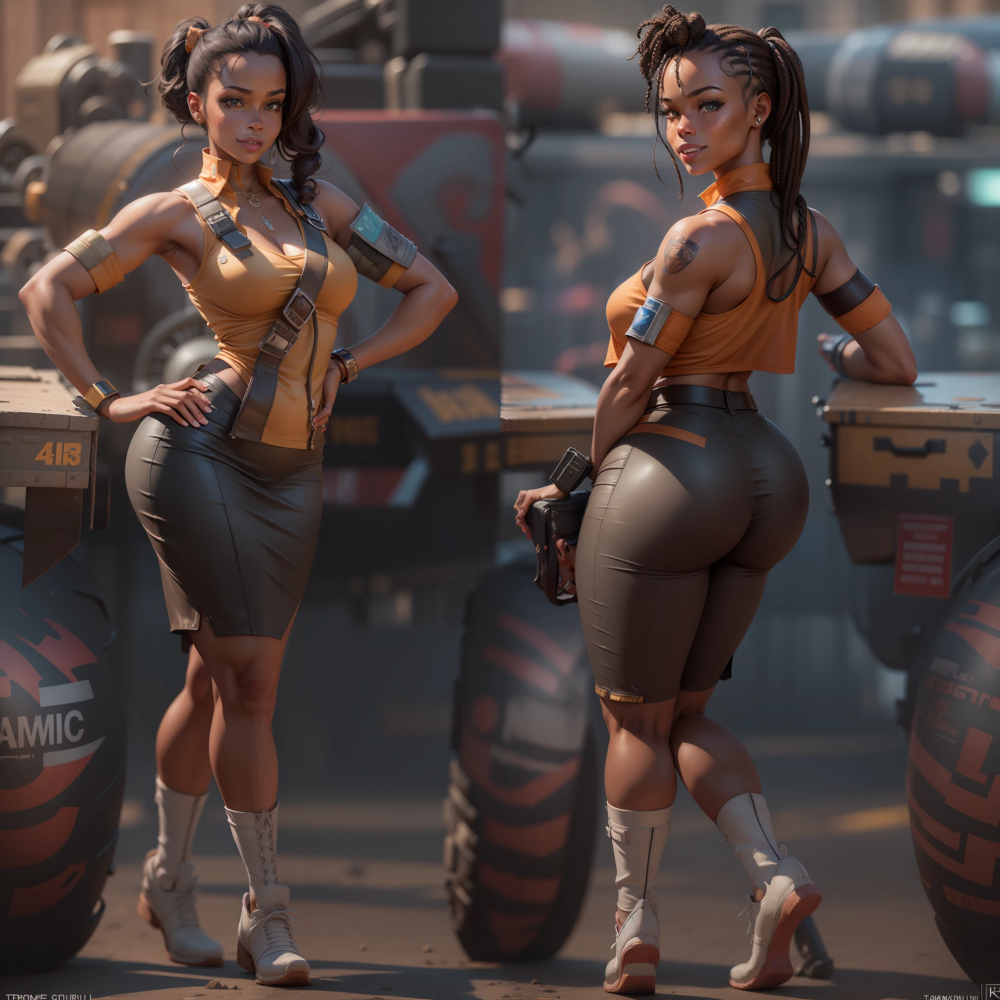 Illustrations hyper realistic, ultra detailed photograph of a BLACK woman being the character cammy from the street fighter game, military clothes, with skirt, showing the whole body, smiling, the afternoon, depth of field, HOF, hall of fame, detailed gorgeous face, scenery of an air base, natural body posture, professional photographer, captured with professional DSLR camera, trending on Artstation, 64k, ultra detailed, ultra accurate detailed, medium bokeh lighting, surrealism, Thomas Kinkade background, urban, ultra unreal engine, WLOP, Pauline Voß, Pascal Quidault, , Christian Schob, Martina Fackova, intricate, epic, freckles, peach fuzz, detailed mascara