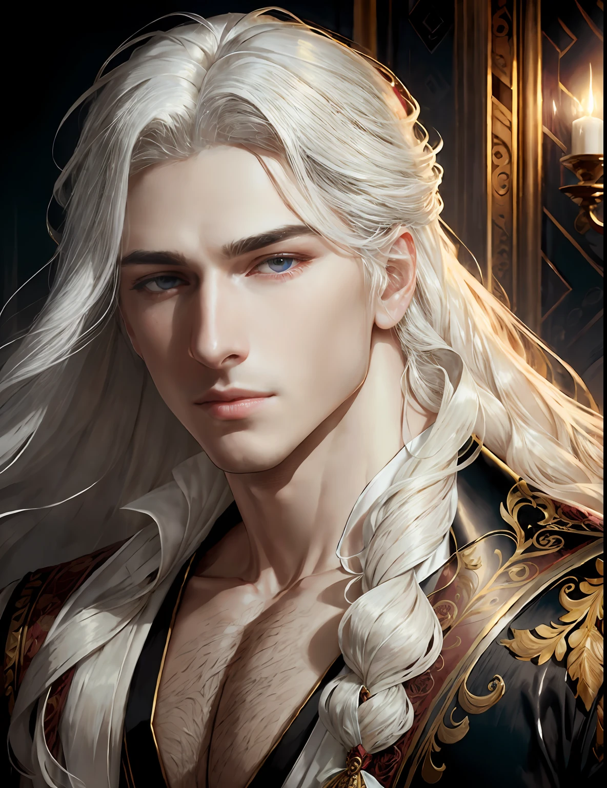 masterpiece, highest quality, (solo focus), (perfect face:1.1), (high detail:1.1),dramatic, 1guy, (pale skin), long white hair, white eyes, [light eyebrows], solo, long hair, moon, night, white luxury suit, covered navel, pouty lips, (beauty marks),  palace, detailed background, art by artgerm and greg rutkowski,  cinematic lighting, roses, suggestive