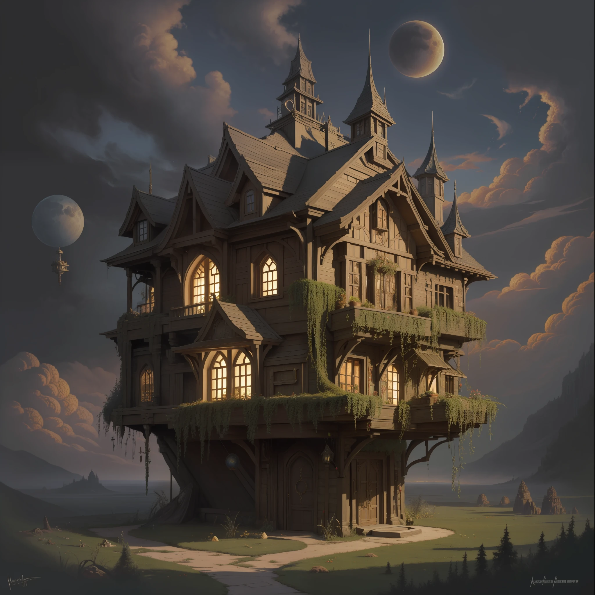 There is a painting of a cookie house, magic realism painting, science fantasy painting infinite celestial house, inspirada em tomasz alen kopera, de maxim verehin,