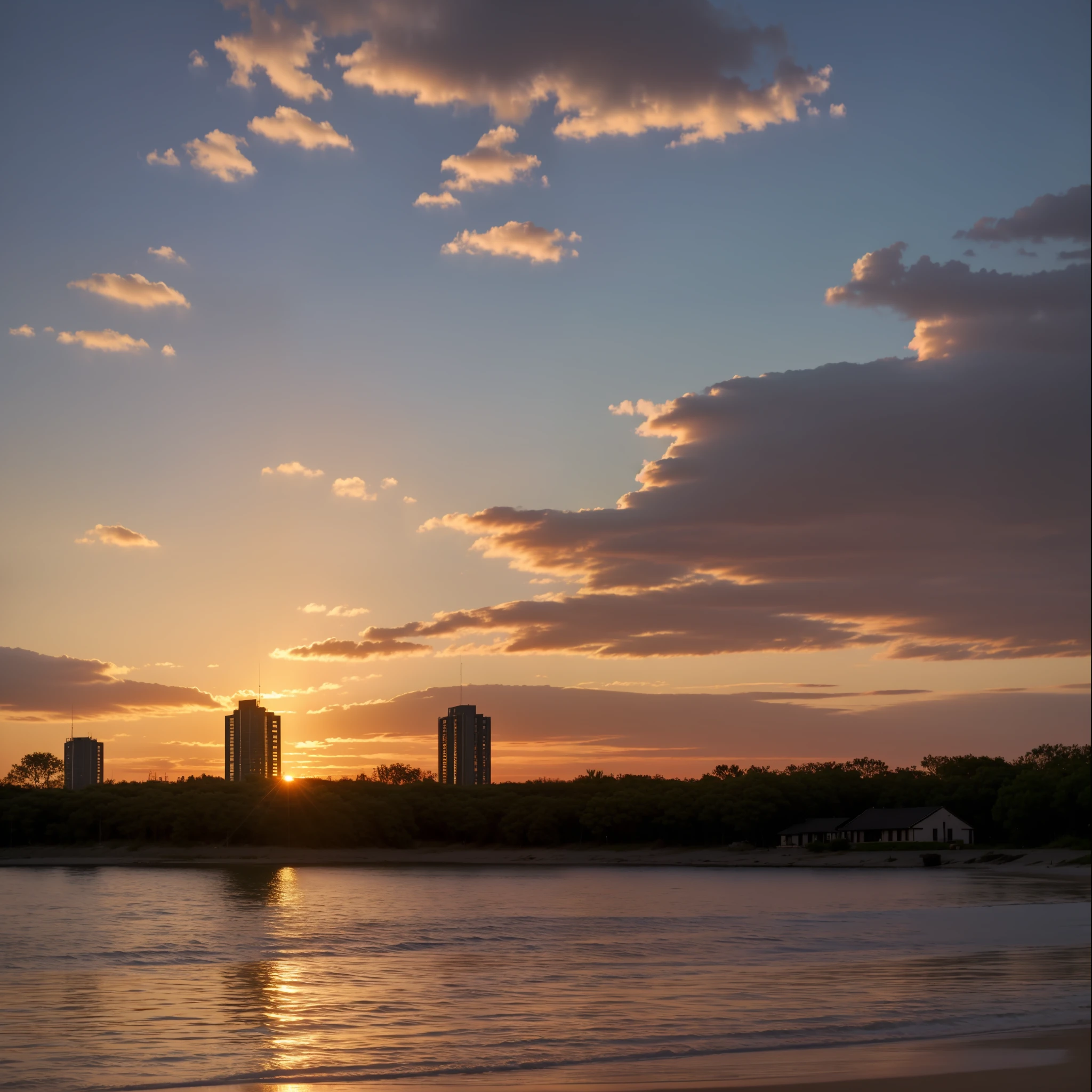 Sunset, evening glow, distant view, realistic, rich colors, gorgeous and colorful, wide-angle lens, shooting in the evening, positive film, naturalistic style, high-definition filming.