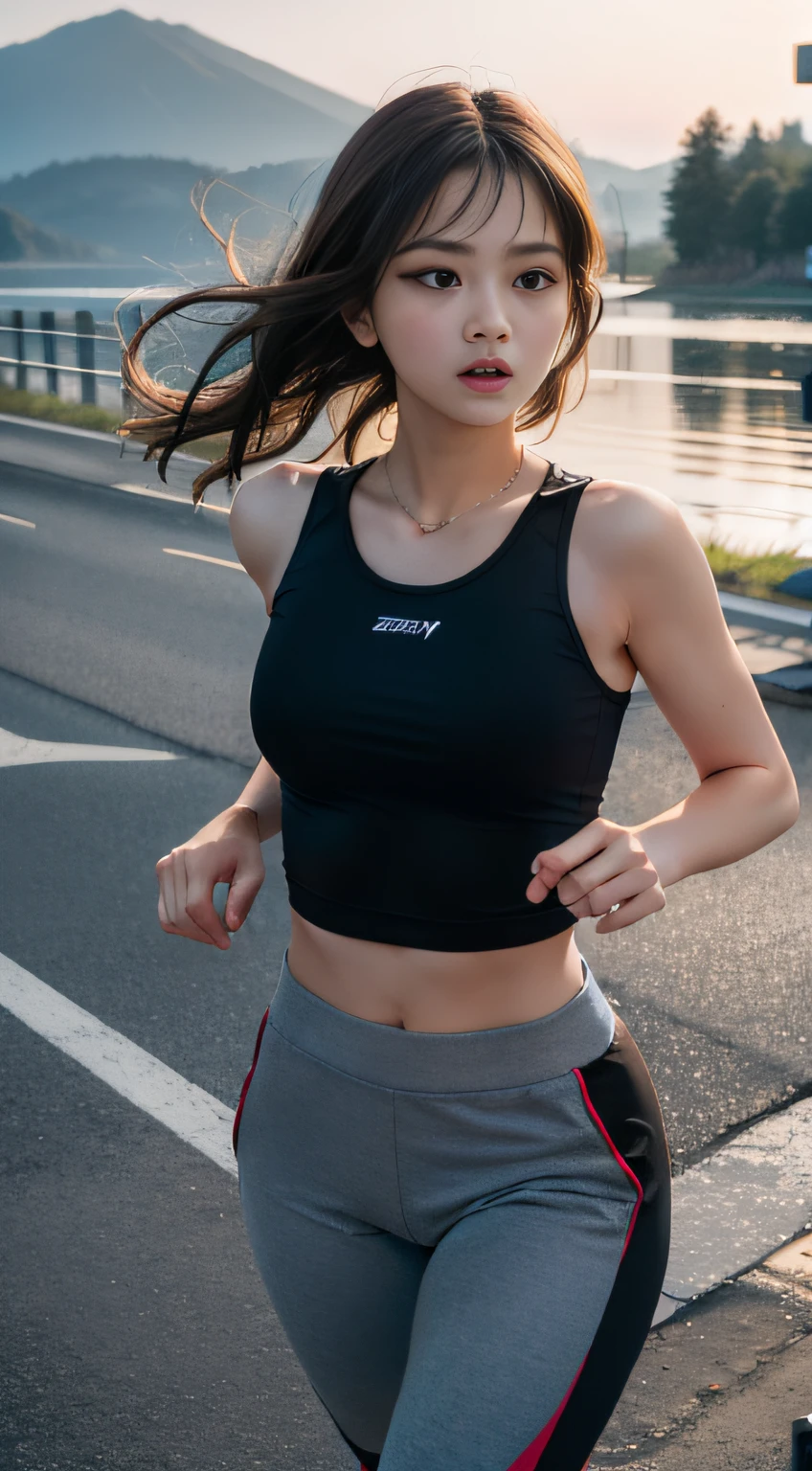 (Best quality details:1.2),realisticlying,8K high-definition,(1girll:1),ultra - detailed,High-quality texture,complexdetails,Detailed textures,finedetail,high detal,extremaly detailed cg,High quality shadows,Detailed beautiful and delicate face,Detailed beautiful and delicate eyes,depth of fields,Ray traching,1girl,Running position,dynamicposes,High hills,lake,highways,sport underwear,Athletic trousers,Bigchest