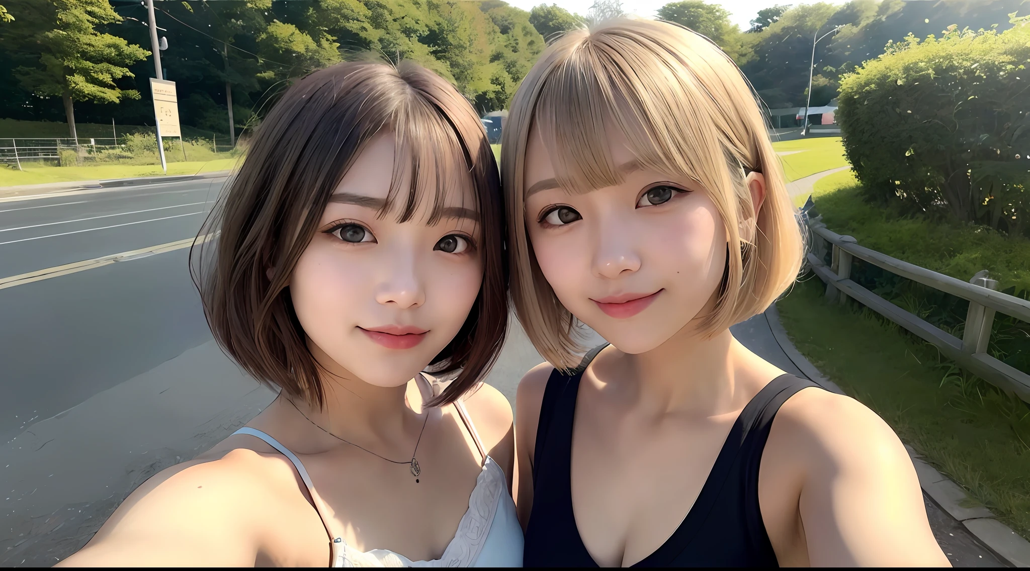 2 girls(One with a blonde bob cut and the other with long brown hair)、20 years girl、Perfect makeup(Orange eye makeup)、Camisole-wearing、a picture、realisticlying、top-quality、adopt、A detailed face、Selfie wind、Event Venues、细致背景、diffuse sunlight、depth of fields、独奏