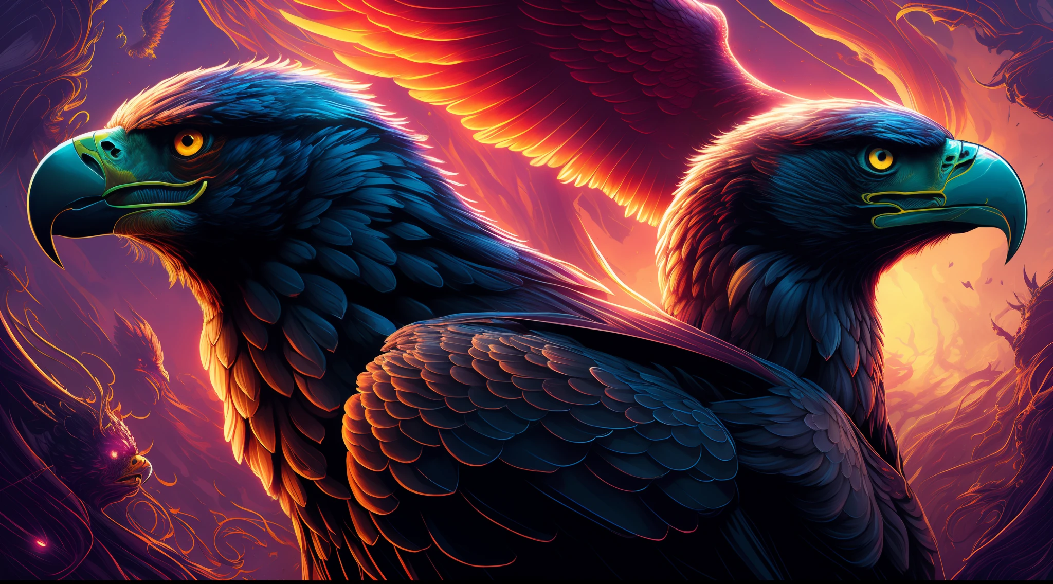 Deatiled complete art By Dan Mumford thick black brush in 8k format . HQ, Vivid colors and Sharp fosus, Extremely detailed intricate details . Close-up - Stunning fantastic amazing eagle eye . Greg Rutkowski and Greg Tocchini colors. Extreme large number of details