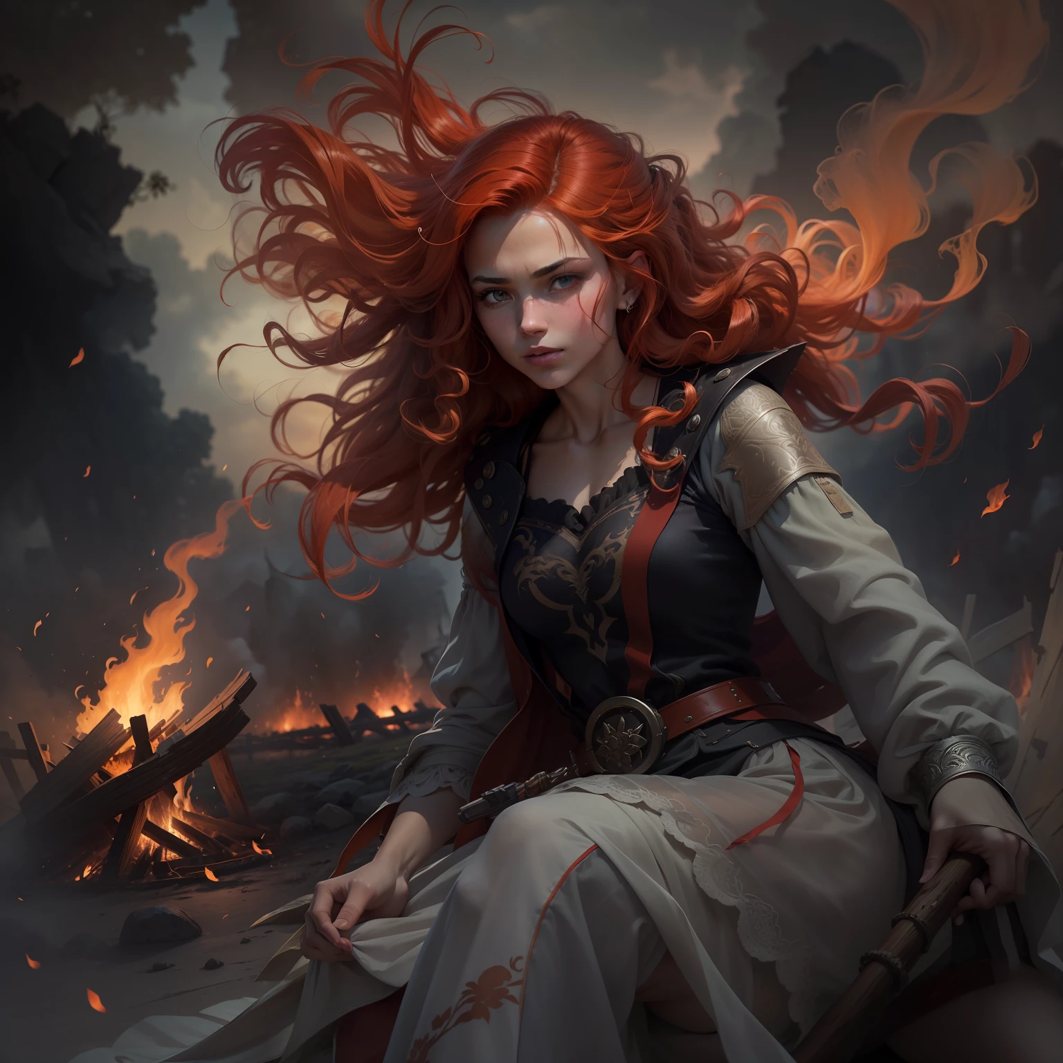 Amidst an atmosphere shrouded in shadows, a stunning warrior girl with fiery red hair emanated a captivating energy. Seated by a mesmerizing bonfire, her untamed curls swayed gracefully in the soft whispers of the wind. The mystifying interplay of light and darkness highlighted her resolute expression and revealed an inner strength that was palpable. The ambiance hinted at untold stories and endless possibilities, inviting the viewer into a world where courage and beauty coexisted in harmonious balance