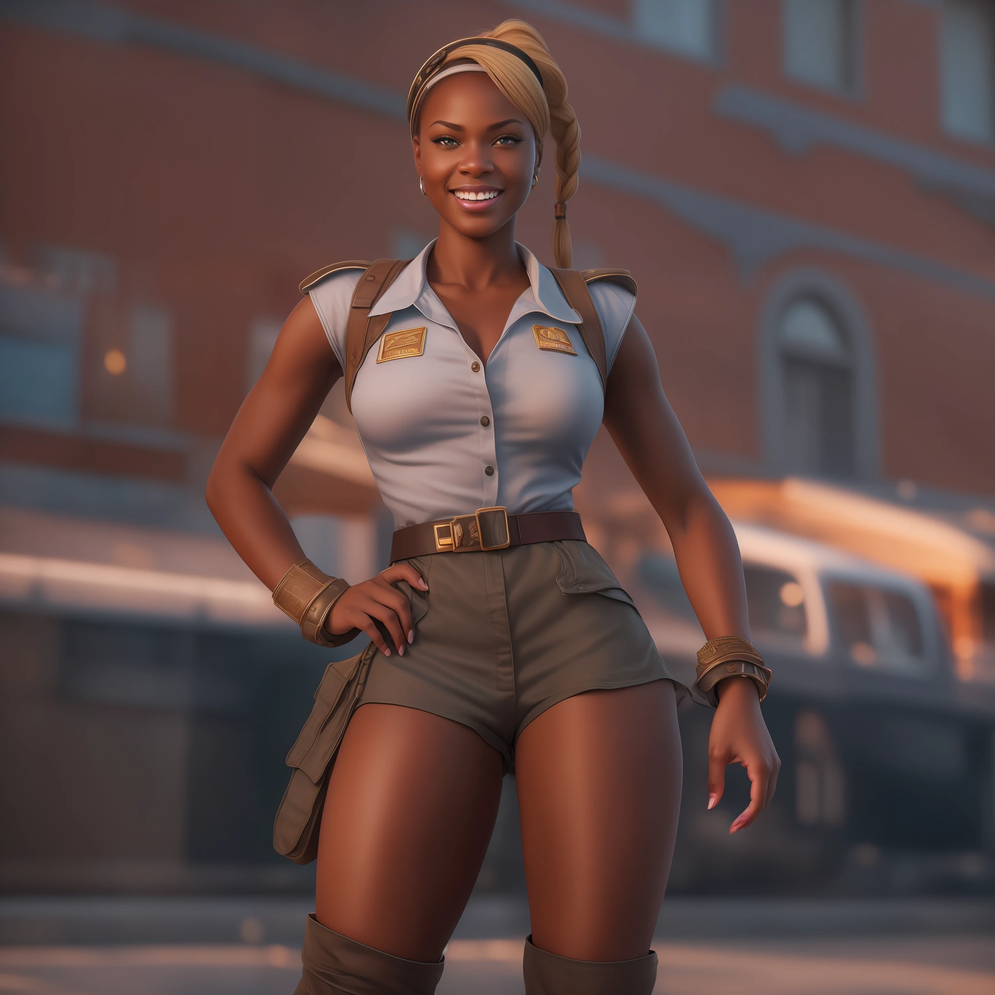 hyper realistic, ultra detailed photograph of a BLACK woman being the character cammy from the street fighter game, military clothes, with skirt, showing the whole body, smiling, the afternoon, depth of field, HOF, hall of fame, detailed gorgeous face, scenery of an air base, natural body posture, professional photographer, captured with professional DSLR camera, trending on Artstation, 64k, ultra detailed, ultra accurate detailed, medium bokeh lighting, surrealism, Thomas Kinkade background, urban, ultra unreal engine, WLOP, Pauline Voß, Pascal Quidault, , Christian Schob, Martina Fackova, intricate, epic, freckles, peach fuzz, detailed mascara