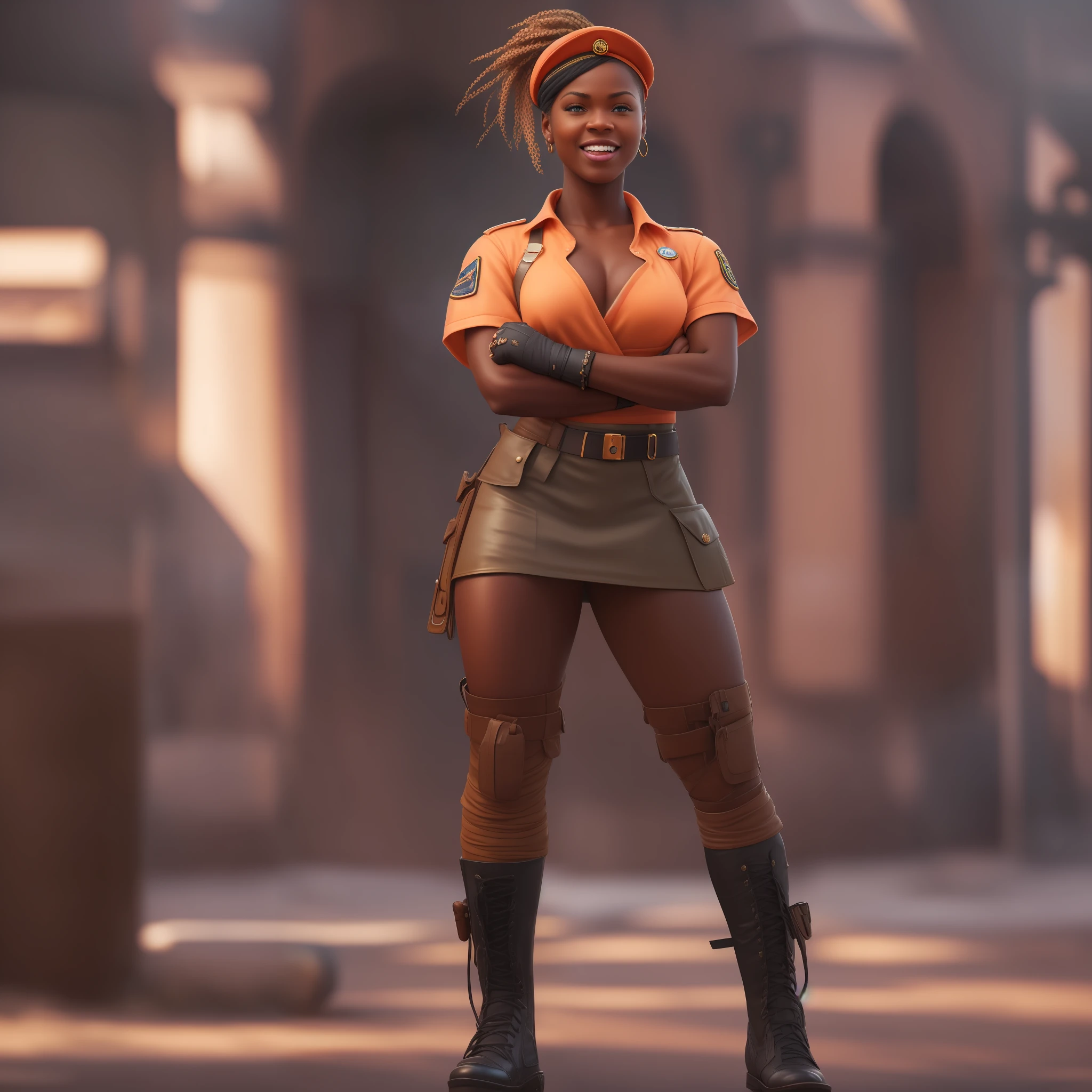 hyper realistic, ultra detailed photograph of a BLACK woman being the character cammy from the street fighter game, military clothes, with skirt, showing the whole body, smiling, the afternoon, depth of field, HOF, hall of fame, detailed gorgeous face, scenery of an air base, natural body posture, professional photographer, captured with professional DSLR camera, trending on Artstation, 64k, ultra detailed, ultra accurate detailed, medium bokeh lighting, surrealism, Thomas Kinkade background, urban, ultra unreal engine, WLOP, Pauline Voß, Pascal Quidault, , Christian Schob, Martina Fackova, intricate, epic, freckles, peach fuzz, detailed mascara