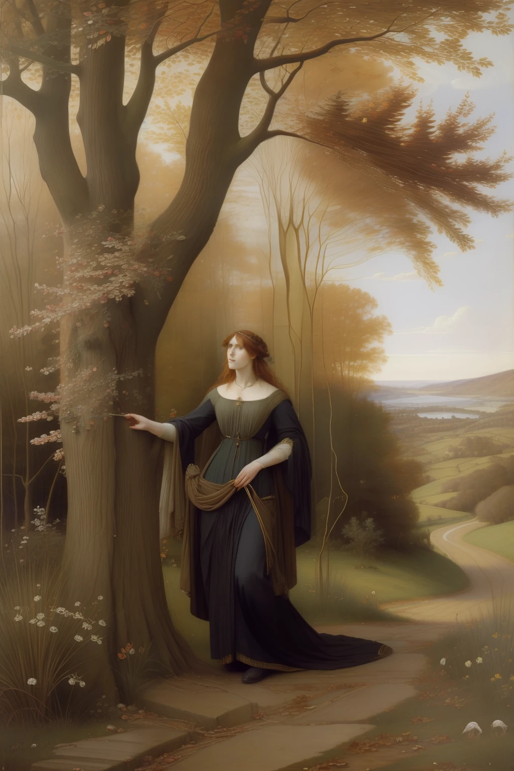 "(((Pre-Raphaelite painting))), celtic king, king Arthur, Charles Ernest Butler, oak tree, crow, leaves oak autumn, celtic landscape, perfect image, renaissance painting, oak european"