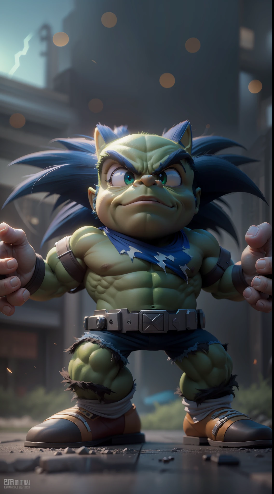 midget hulk style sonic, octane render, unreal engine, highly detailed, intricate, lightning background