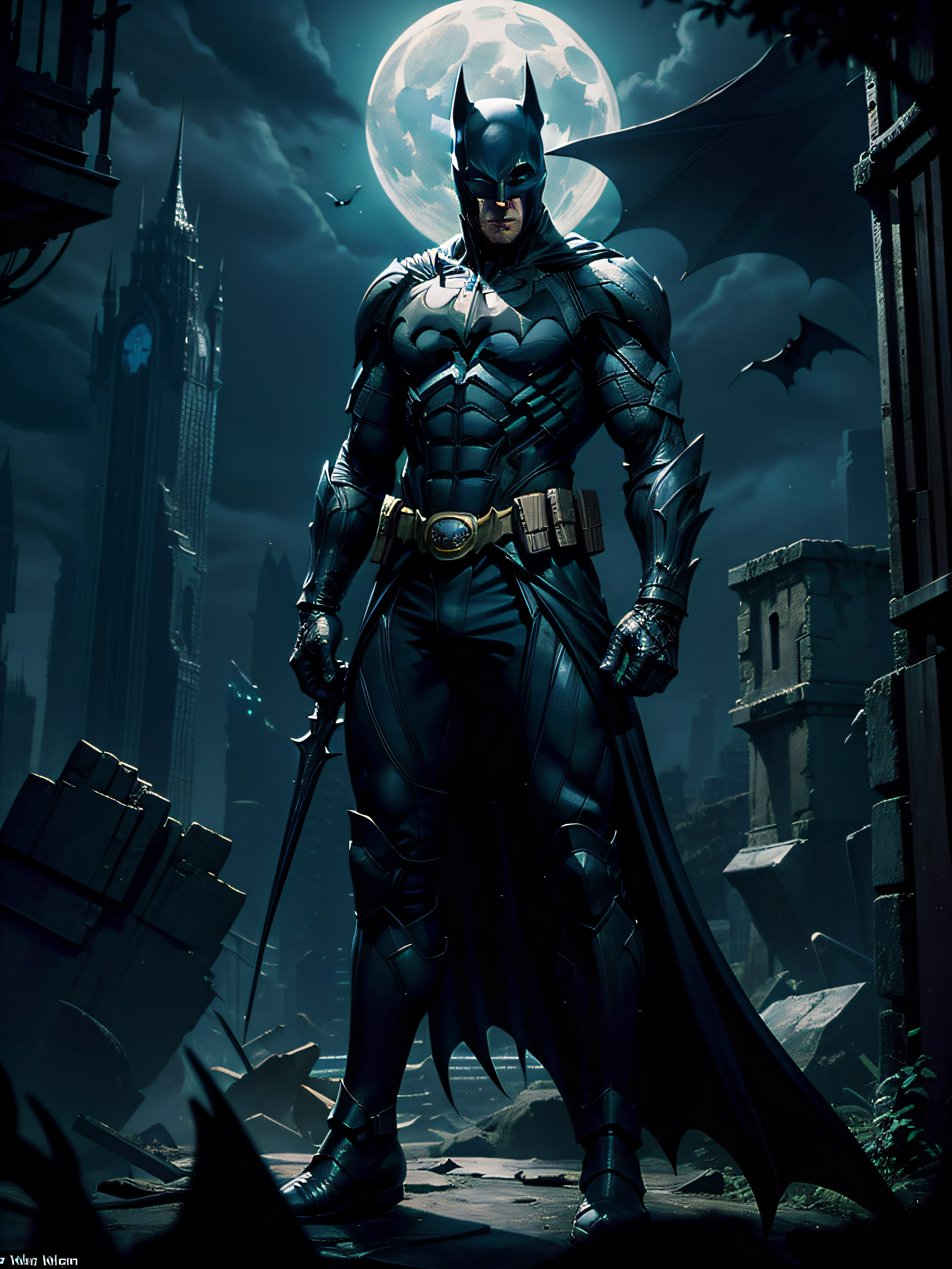 Batman from the dark knight stands imposing in a gothic lost city. Moonlight highlights your muscles and scars. The scenery is lush and mysterious, with futuristic tech and surroundings. The camera details everything, a warrior woman, in front of him.
