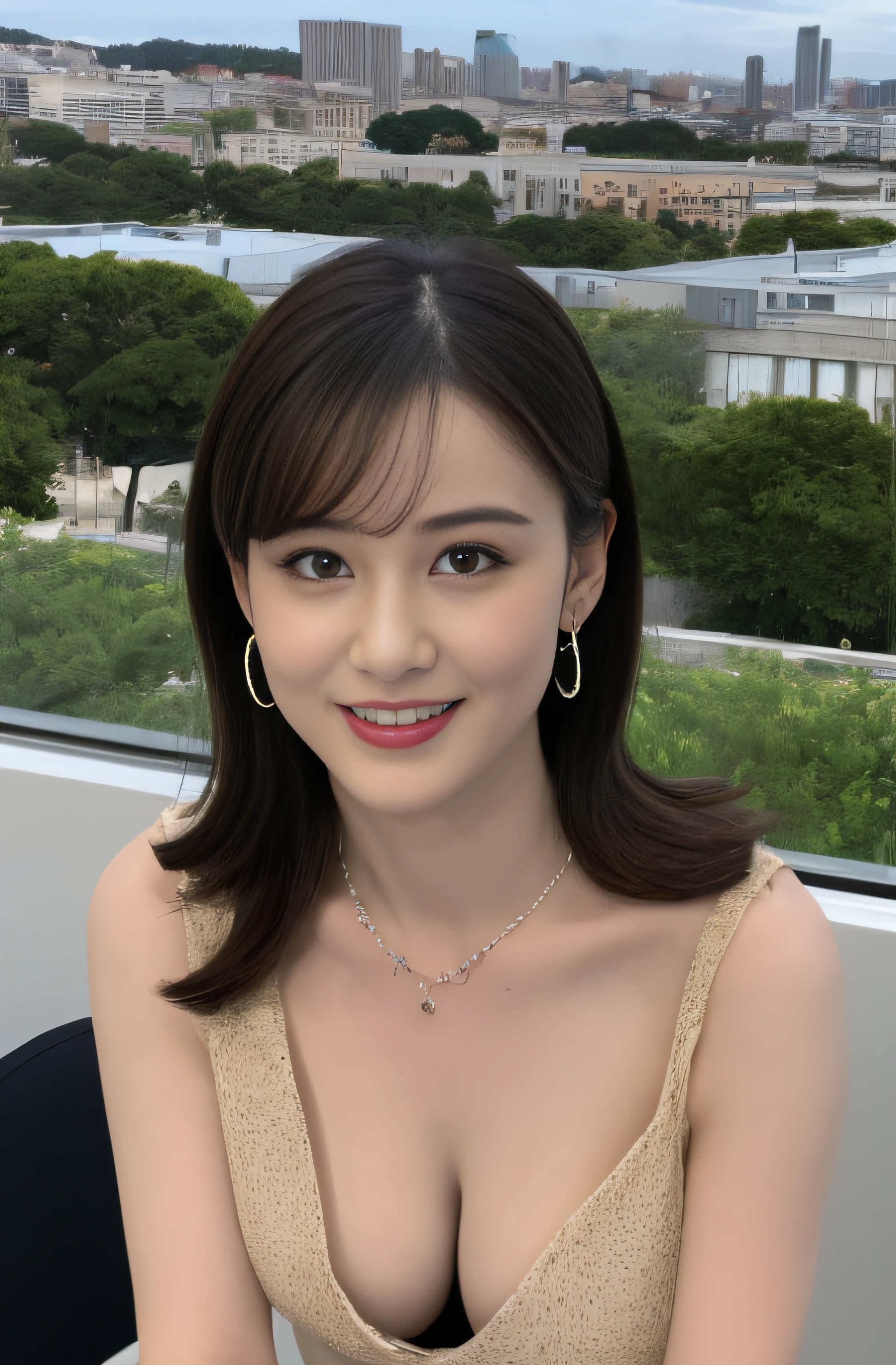 Highly detailed 8k wallpaper), sharp focus, detailed, dramatic, delicate and beautiful young girl, (perky uplifted :1.1), cleavagbusiness dress, Half Butterfly Earri Necklace with Opal, (smile:1.05), graphics beautiful, Modern office with a view, wide windows, 3/4 body, standing by window, dynamic angle,
