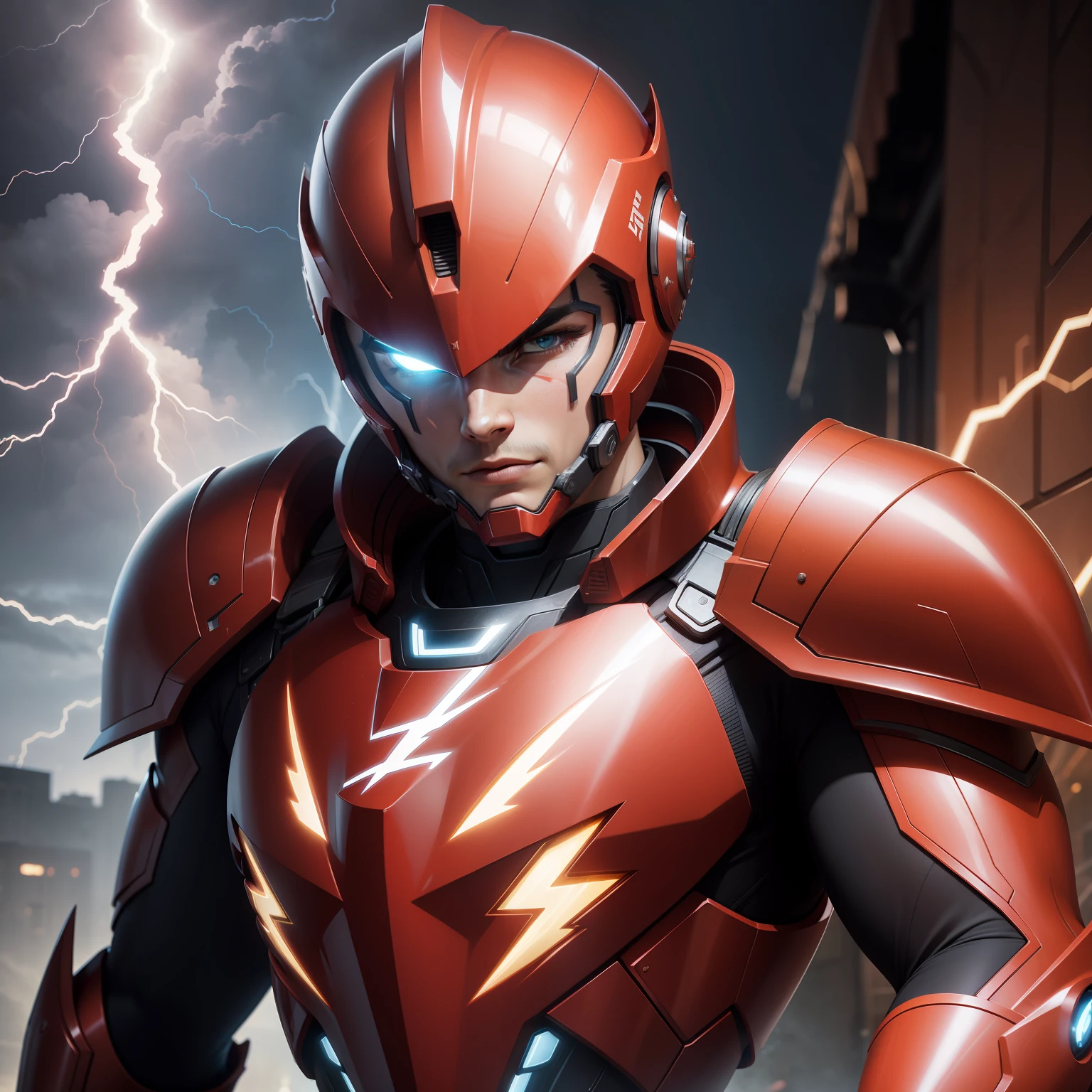 "Lightning hero in red costume in close-up, Technological armor, raio amarelo no fundo"