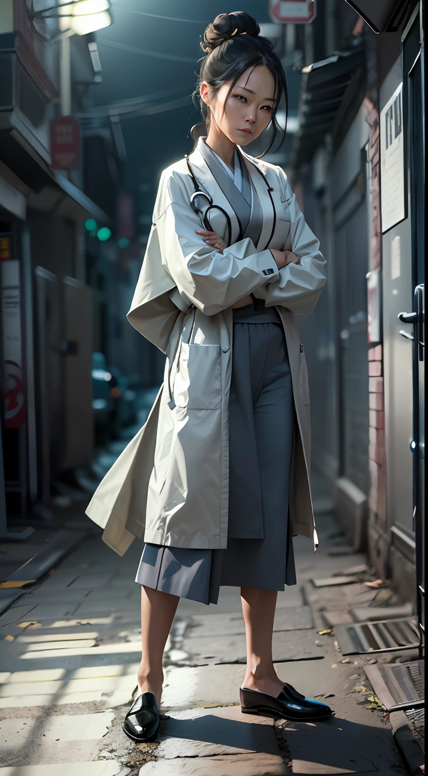 (Character: one medical examiner woman, 40 years old, chinese, high bun in the hair,small smile)
(Clothing: medical coat, gray hakama, flatshoes)
(Pose: full body shoot, full body pose)
(Scene: blurry, dark alley, noir scene)
(best quality, masterpiece, Award-winning photography,Ultra realistic,Ultra-detailed,Textural effects,Absurdres,HDR,Intricate details)