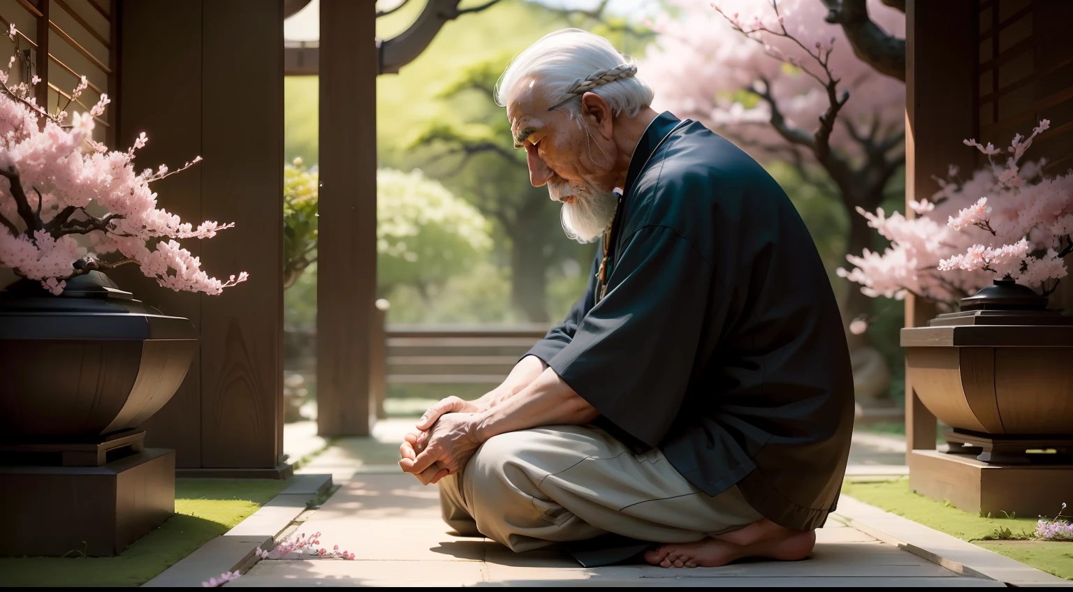 An elderly and wise man kneeling in a quiet sanctuary in the middle of a lush Zen garden, surrounded by cherry blossoms in full bloom, o aroma suave preenchendo o ar, conveying a sense of calm and spiritual connection, escultura em argila
