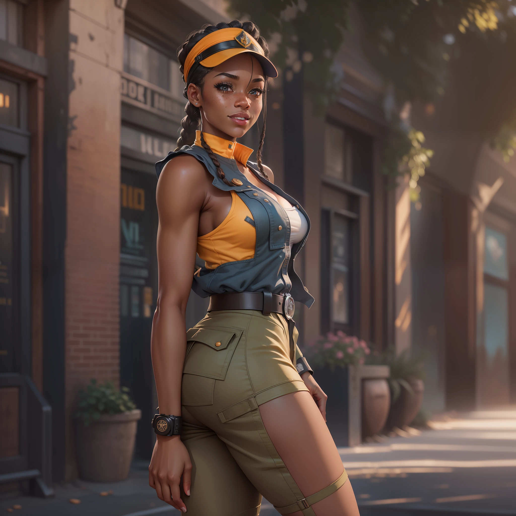 Illustrations hyper realistic, ultra detailed photograph of a BLACK woman being the character cammy from the street fighter game, military clothes, with skirt, showing the whole body, smiling, the afternoon, depth of field, HOF, hall of fame, detailed gorgeous face, scenery of an air base, natural body posture, professional photographer, captured with professional DSLR camera, trending on Artstation, 64k, ultra detailed, ultra accurate detailed, medium bokeh lighting, surrealism, Thomas Kinkade background, urban, ultra unreal engine, WLOP, Pauline Voß, Pascal Quidault, , Christian Schob, Martina Fackova, intricate, epic, freckles, peach fuzz, detailed mascara
