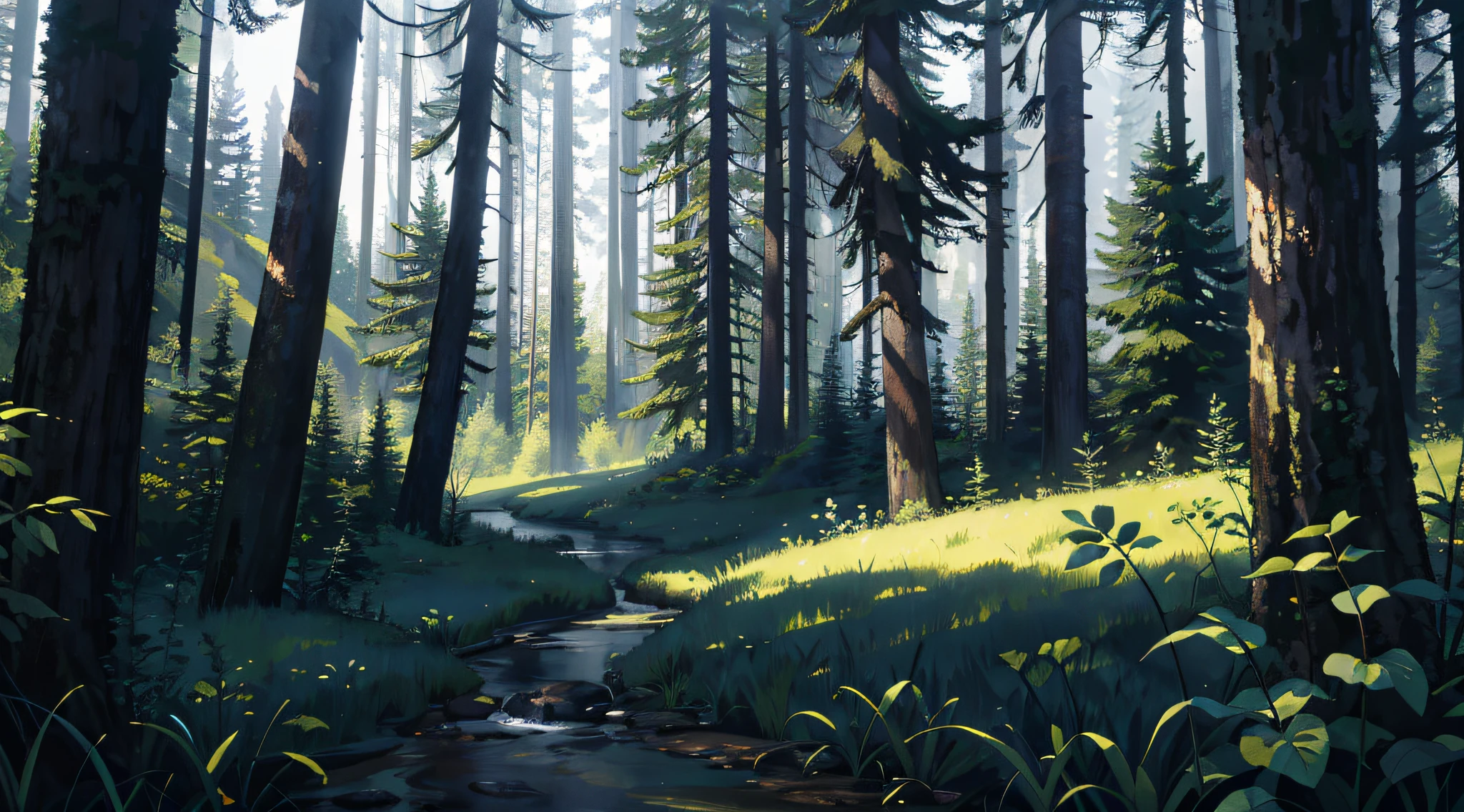 woods, fentezi, darkly, Without people, Background only, deeply forested, A lot of plants, dim lights, photo-realistic:1.4), A lot of black, ultradetailed, Octane rendering, постпродакшн 8k, iridescent colors,