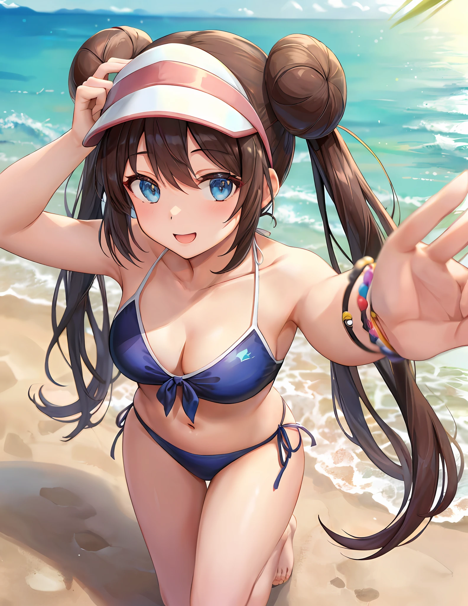 (​masterpiece:1.3), (absurderes:1.3), (top-quality:1.3), (ultra-detailliert:1.3),(Best Shadows:0.7), (Handle Hair), Perfect Anatomy, 1girl in, 独奏, Rosa(A pokémon), double bun, Visor Cap, Hair bun, long_twintails, brown haired, blue eyess, hair between eye,, Gaze smile, The bikini, all-fours, pov, From  above