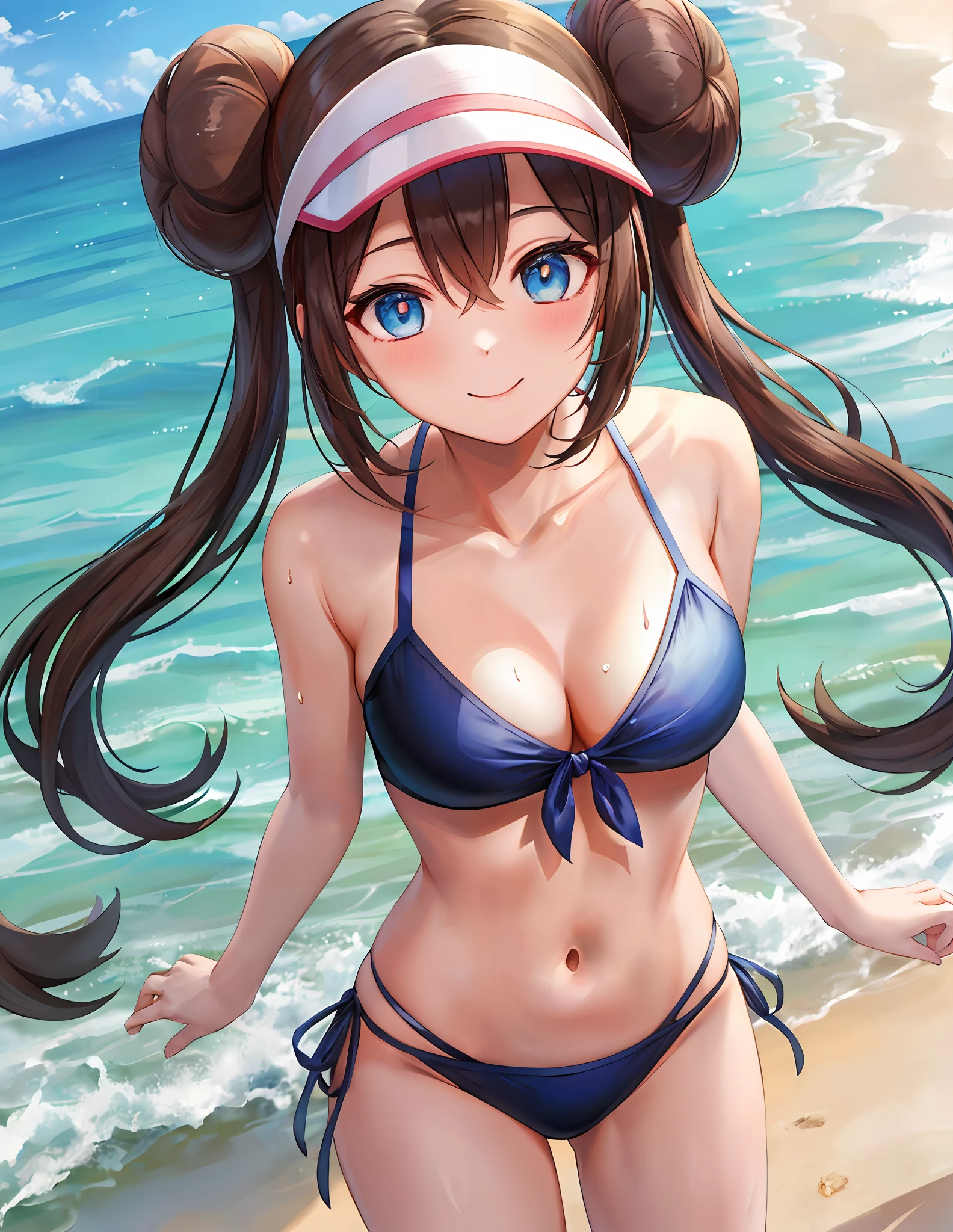 (masterpiece:1.3), (absurderes:1.3), (top-quality:1.3), (ultra-detailliert:1.3),(Best Shadows:0.7), (Handle Hair), Perfect Anatomy, 1girl in, 独奏, Rosa(A pokémon), double bun, Visor Cap, Hair bun, long_twintails, brown haired, blue eyess, hair between eye,, Gaze smile, The bikini, all-fours, pov, From above