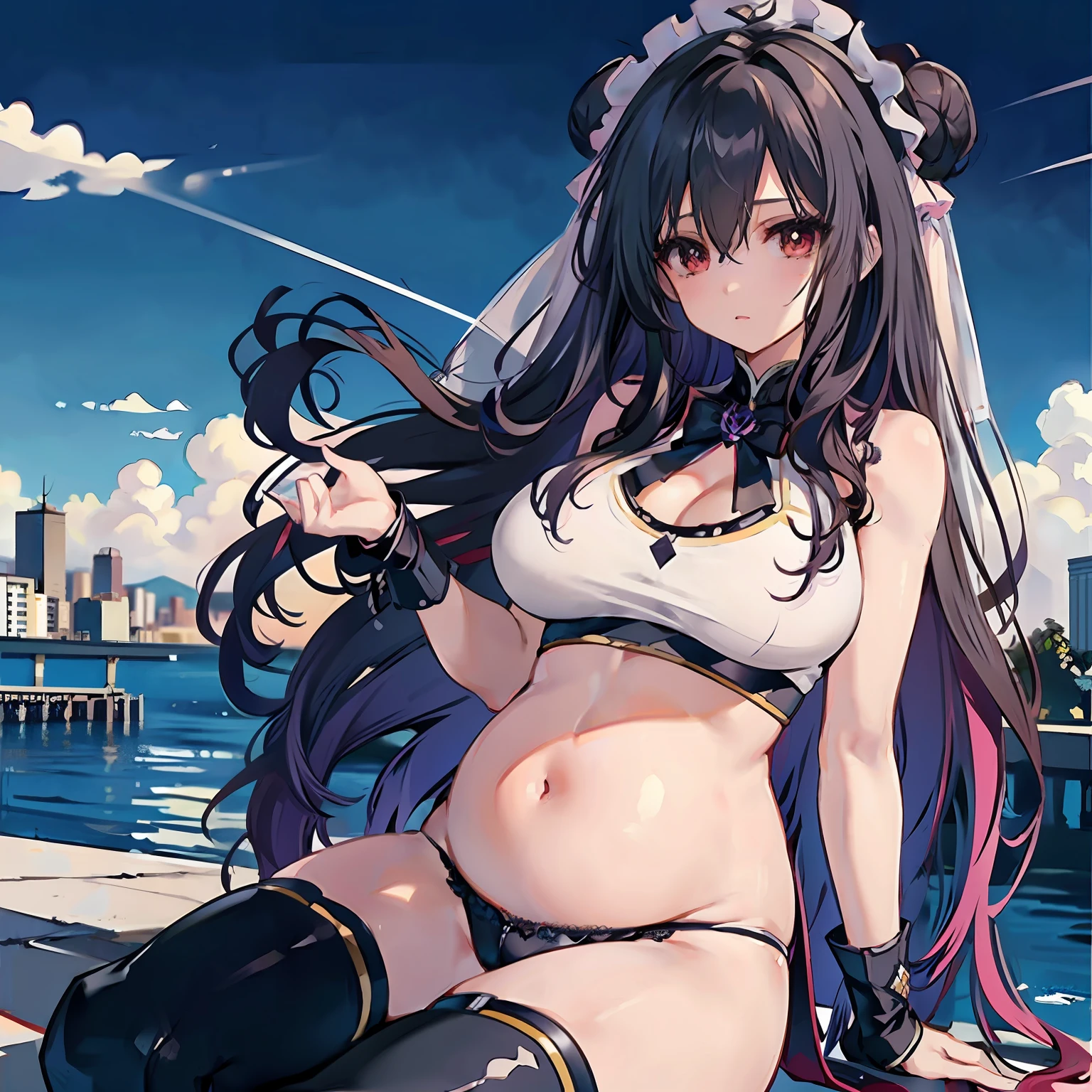 tmasterpiece, Best quality, (Detailed eyes and skin), ((Realistic)), , 1girll, Purple hair dress_Hair, golden colored_clothes, black_clothes, Blue_Eyes, Blue_sky, bblurry, bblurry_Background, bblurry_foreground, (modern_City:1.5), mediating_Breasts, Exercise_bblurry,photore_\(curly\),long whitr hair,Skysky,独奏,Full body body,Pregnant belly,Beth,Showing the belly,youthfulenergy,18-year-old girl,adolable,Two-dimensional painting style,Pregnant women with,Best quality, 8K, High quality,, hair adornments, hair-bun, Long hair, bangs, bow, maid headdress, upper legs, Stockings, white thighhighs, cleavage cutout, Face focus, Close-up of a corpse in the distance, (Heart-shaped pupils:0.9), (Blush:0.65), (1girll, Solo:1.4), Cityscape, Blue sky, Bright sky, Sunny, holding flower, Large breasts, Detailed background, Detailed clouds,Pregnant belly,Two-dimensional painting style,(Masterpiece), Best quality, Fine details, Highest picture quality, Masterpiece,exquisite CG,1girll,Closed mouth,Brown eyes,Long hair,bangs,Bare shoulders, cleavage,(Big breasts:1.4),Bare arms,navel,Lace,a garter belt,Thighs,,White pantyhose,water,hyper pregnant,Girl,SushangV4,Yae,SideBraid,Black bandeau,black lence stockings