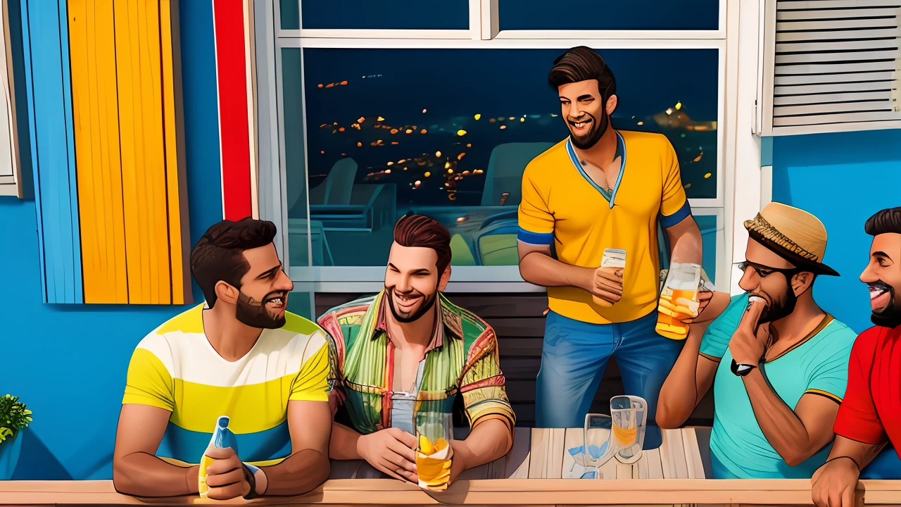 Style: photorealist animation Character: four brazilians friends, male, 30 years old, very happy, drinking beer, having a party and barbecue on the outside balcony of a three-story house overlooking the sea and beatifull sky hdr, fotografia de 50 mm Detail --auto --s2