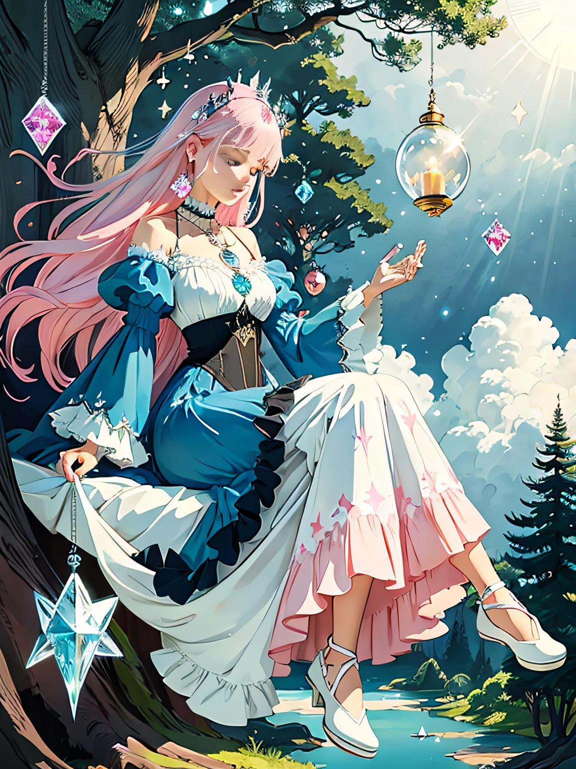 naturey,in wonderland,Towering pink and blue trees,Wind chimes and crystals hang from trees,Animals resting under trees,A gray hair,A girl in a long blue dress is flying wind chimes in a tree hole,On the opposite cliff sits a gothic fluffy dress,Girl with pink hair,A star-like pendant hangs from the chest,Wearing crystal shoes on his feet,,Crystal flute made of blowing crystal,The sun is invisible,Fantastic smoke obscures the surroundings