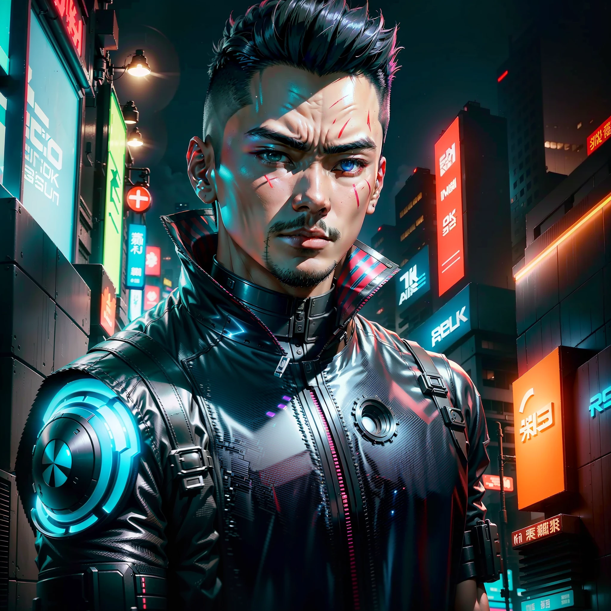 Create an Asian man cyberpunk style, futuristic background, short hair, futuristic clothes, (best quality), ((1:1 resolution), (face centered in the center of the image), avatar photo only, (head + shoulders), 8k resolution, realistic photo, neon lights, (technology elements), (film grain).