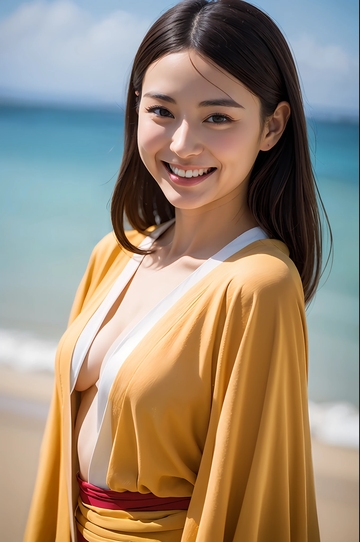 beautiful japanese female、Vivid kimono、top-quality、​masterpiece、超A high resolution、Photorealsitic、Look at the horizon、A smile、Blurred background