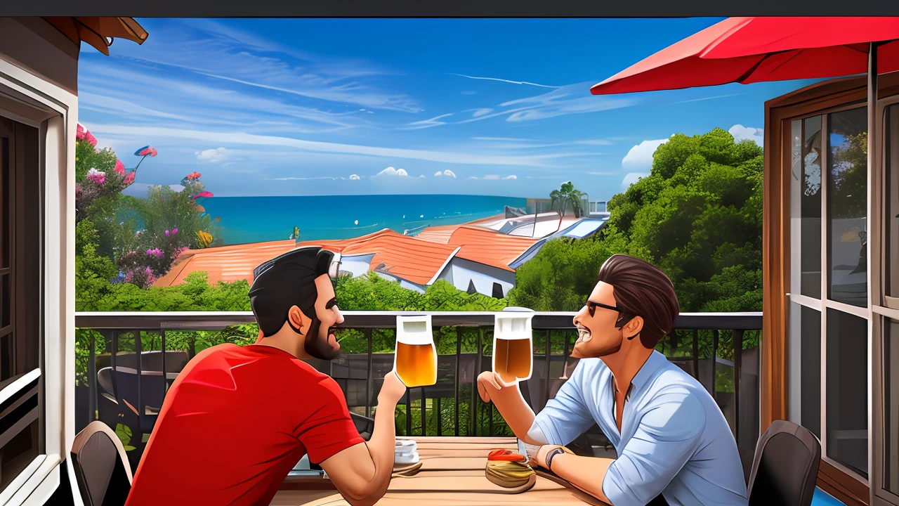 Style: photorealist animation Character: four brazilians friends, male, 30 years old, very happy, drinking beer, having a party and barbecue on the outside balcony of a three-story house overlooking the sea and beatifull sky hdr, fotografia de 50 mm Detail --auto --s2