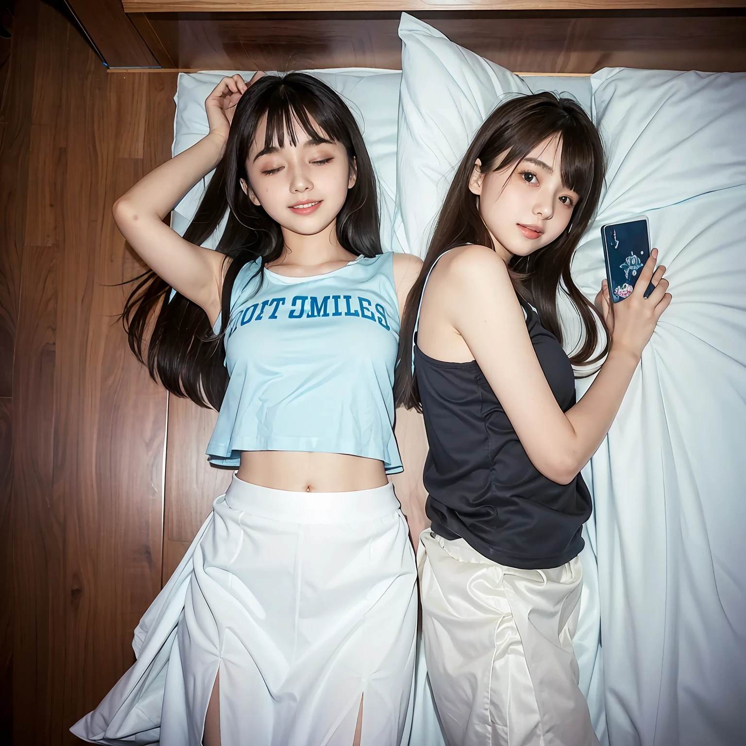 maior, maior, big tits, slim figure, femele, Blue Sleeveless T-Shirt, White chiffon skirt, bedroom, bangss, a junior high school student, Straight Long Hair Do Smile 1 Big Smartphone Real Skin Sleeping Habits