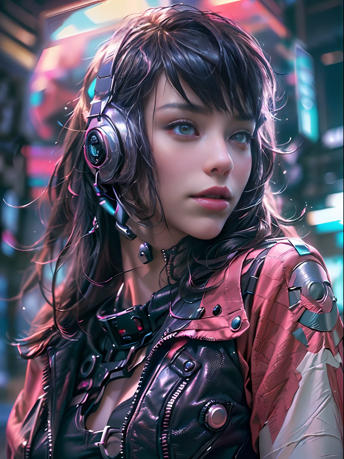 cyber punk Girl,(top-quality、8K、32K、masterpiece、nffsw:1.3)、(The ultra -The high-definition)、(Photorealsitic:1.4)、Raw photography,Charming perfect figure,actionpose:1.2,Detailed cyberpunk fashion、World of Cyberpunk,Beautiful and well-groomed face、depth of fields,blurry backround,、