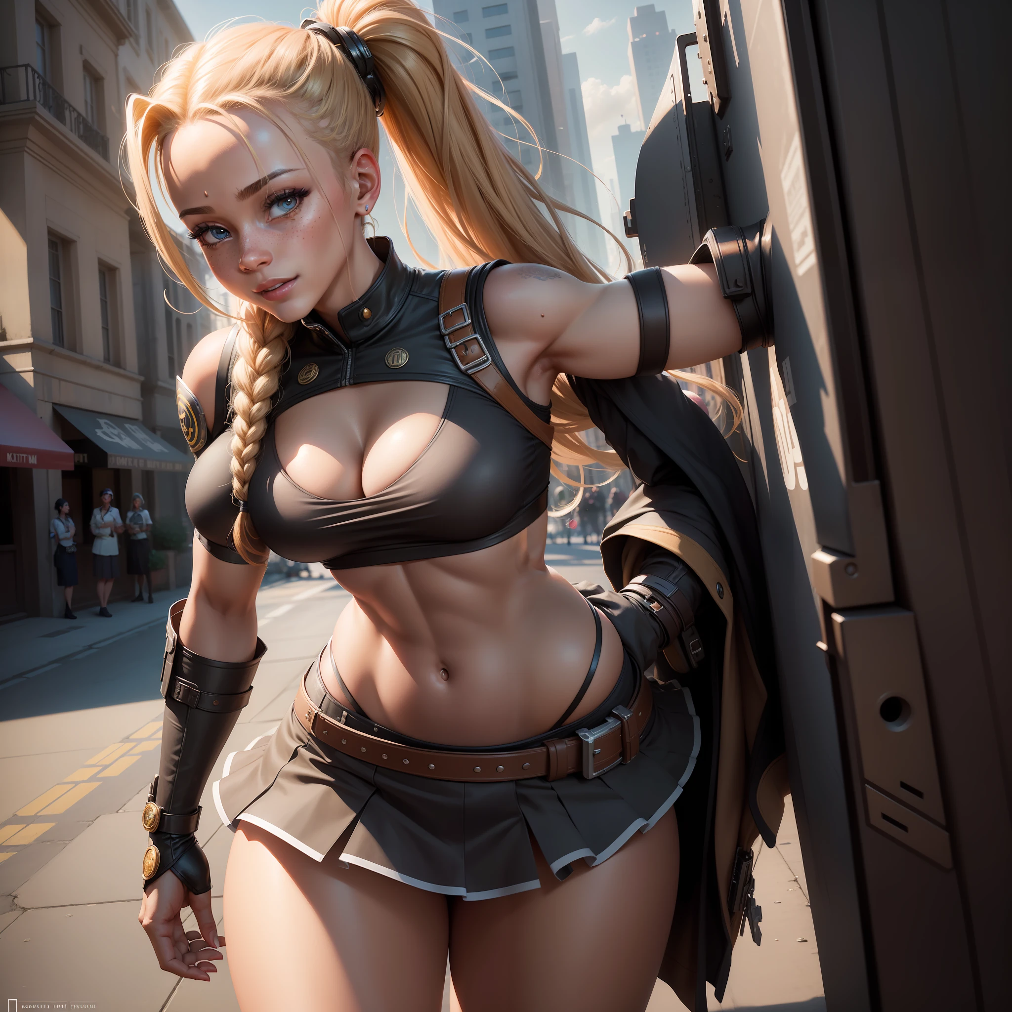 Illustrations hyper realistic, ultra detailed photograph of a BLACK woman being the character cammy from the street fighter game, military clothes, with skirt, showing the whole body, smiling, the afternoon, depth of field, HOF, hall of fame, detailed gorgeous face, scenery of an air base, natural body posture, professional photographer, captured with professional DSLR camera, trending on Artstation, 64k, ultra detailed, ultra accurate detailed, medium bokeh lighting, surrealism, Thomas Kinkade background, urban, ultra unreal engine, WLOP, Pauline Voß, Pascal Quidault, , Christian Schob, Martina Fackova, intricate, epic, freckles, peach fuzz, detailed mascara