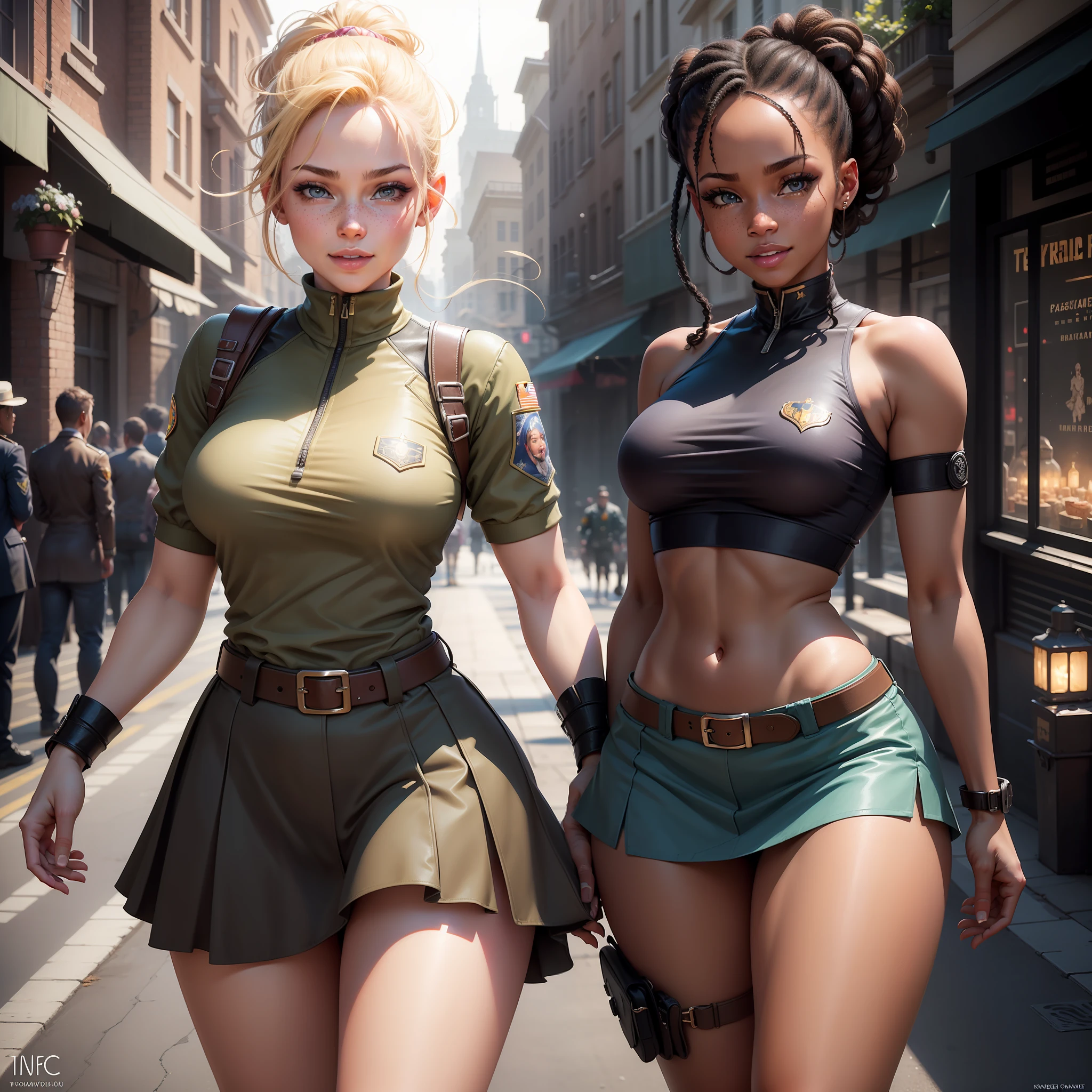 Illustrations hyper realistic, ultra detailed photograph of a BLACK woman being the character cammy from the street fighter game, military clothes, with skirt, showing the whole body, smiling, the afternoon, depth of field, HOF, hall of fame, detailed gorgeous face, scenery of an air base, natural body posture, professional photographer, captured with professional DSLR camera, trending on Artstation, 64k, ultra detailed, ultra accurate detailed, medium bokeh lighting, surrealism, Thomas Kinkade background, urban, ultra unreal engine, WLOP, Pauline Voß, Pascal Quidault, , Christian Schob, Martina Fackova, intricate, epic, freckles, peach fuzz, detailed mascara