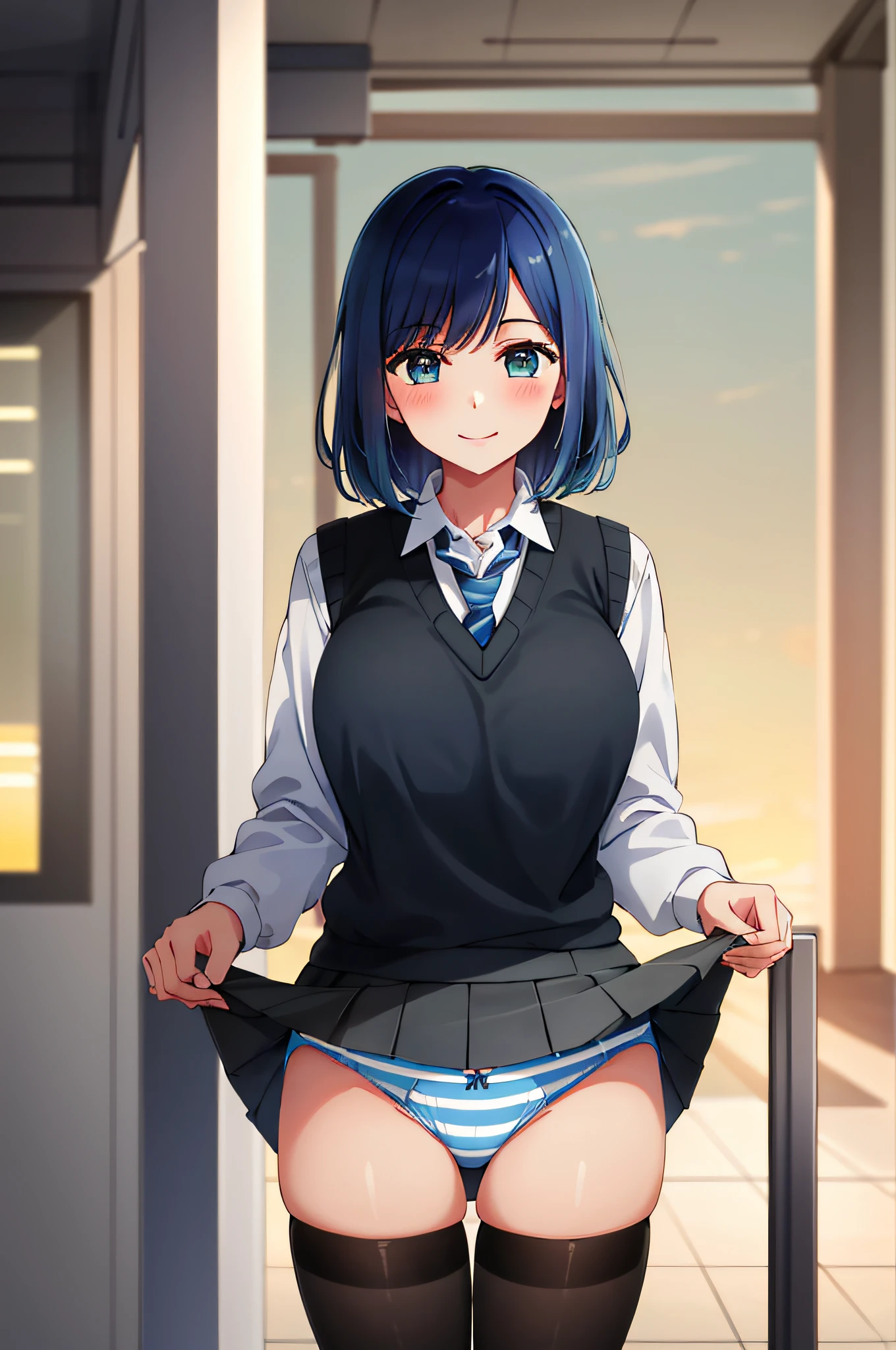 masterpiece, High quality, 8K, Beautiful lighting, One girl, Solo, Akane, White shirt, Sweater vest, Black vest, Blue tie, Outdoor, Grey skirt, Cowboy shot, Look Viewer, ,Big emphasis, Naughty thighs, ((Skirt Lift: 1.3)),((Blue striped panties:1.3)), striped underwear, panties, H cup, high contrast shiny oily skin, Huge Long, Naughty Big,Standing,(Center:1.3)Outdoor, (Smile:1.3),Blush