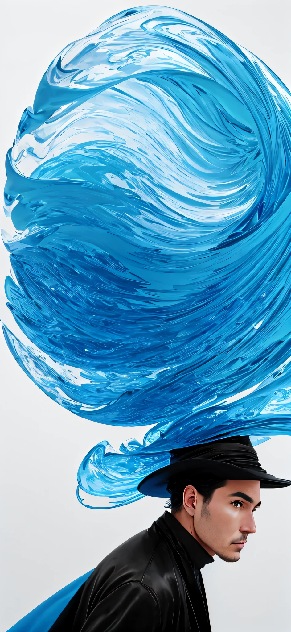 Arafard man with a big blue hat on his head, james nares, future inflatable jacket, swirling fabric, inspired by Anna Füssli, inspired by Fei Danxu, glass ball at the waist, inspired by Maciej Kuciara, photographic render, Flowing realistic fabric, digital sculpture, detailed swirling water tornado