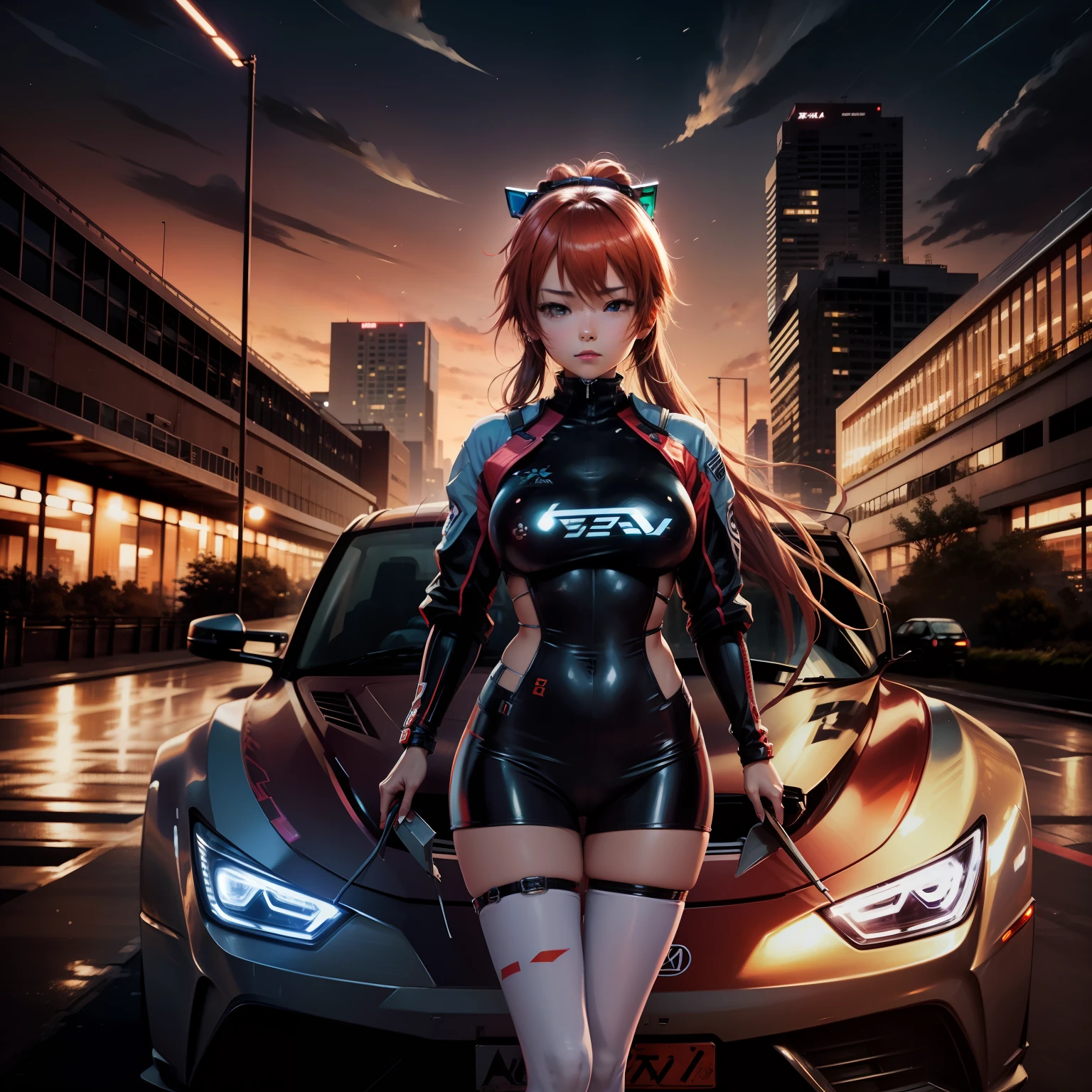 Asuka, 1 girl, driving suit, modern city, city rooftop side, dusk, depth of field, mountain, dusk light, cloud, 8k, best quality, proud expression, serious expression