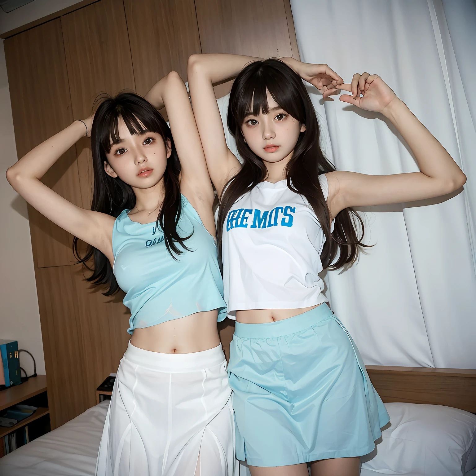 maior, Big Big Tits, slim figure, femele, Blue Sleeveless T-Shirt, White chiffon skirt, Bedroom, bangss, a junior high school student, stright long hair, maior,realskin, Sleep habits