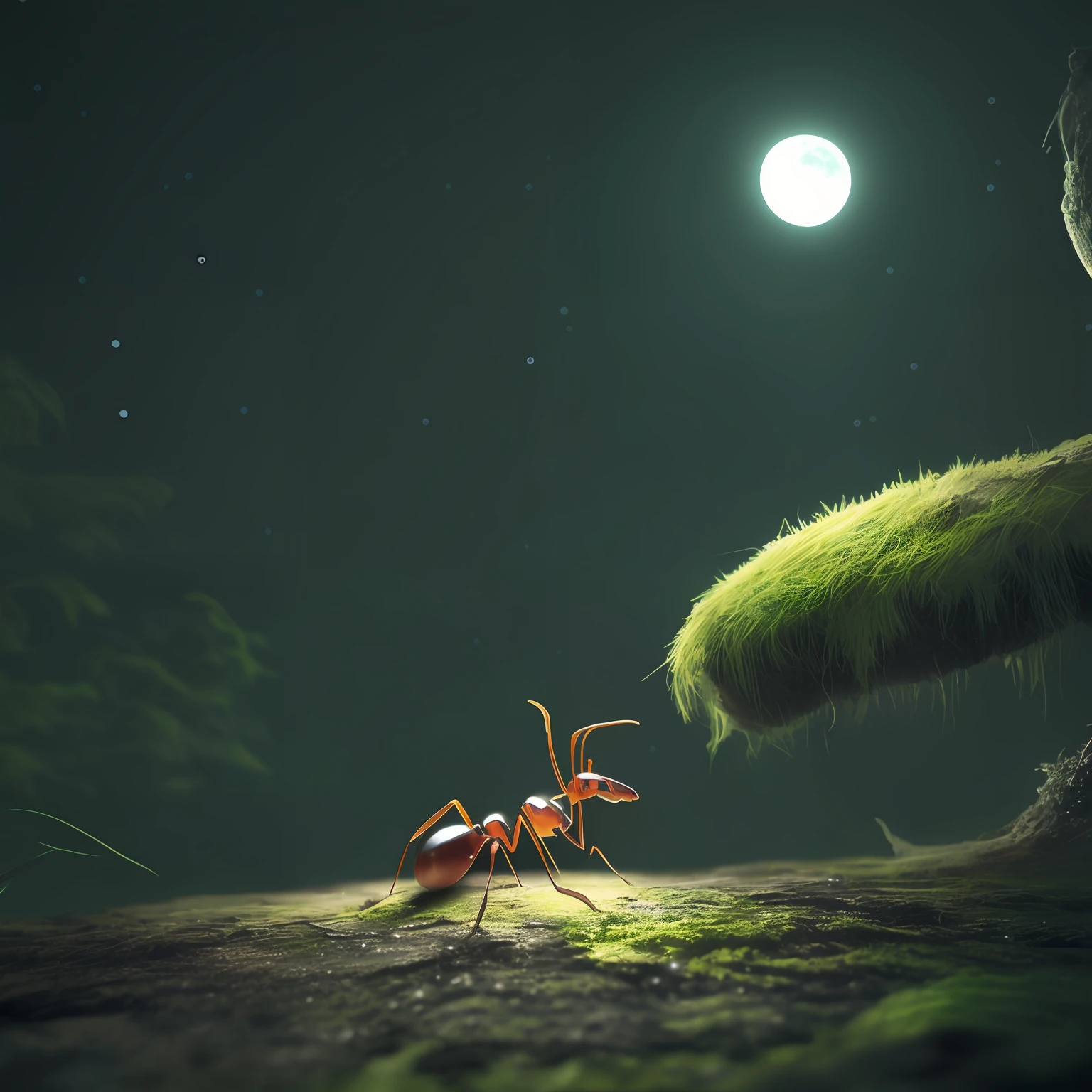 Single majestic viking ant on a dark forest floor looking at the moon. 1970s scifi concept art style.