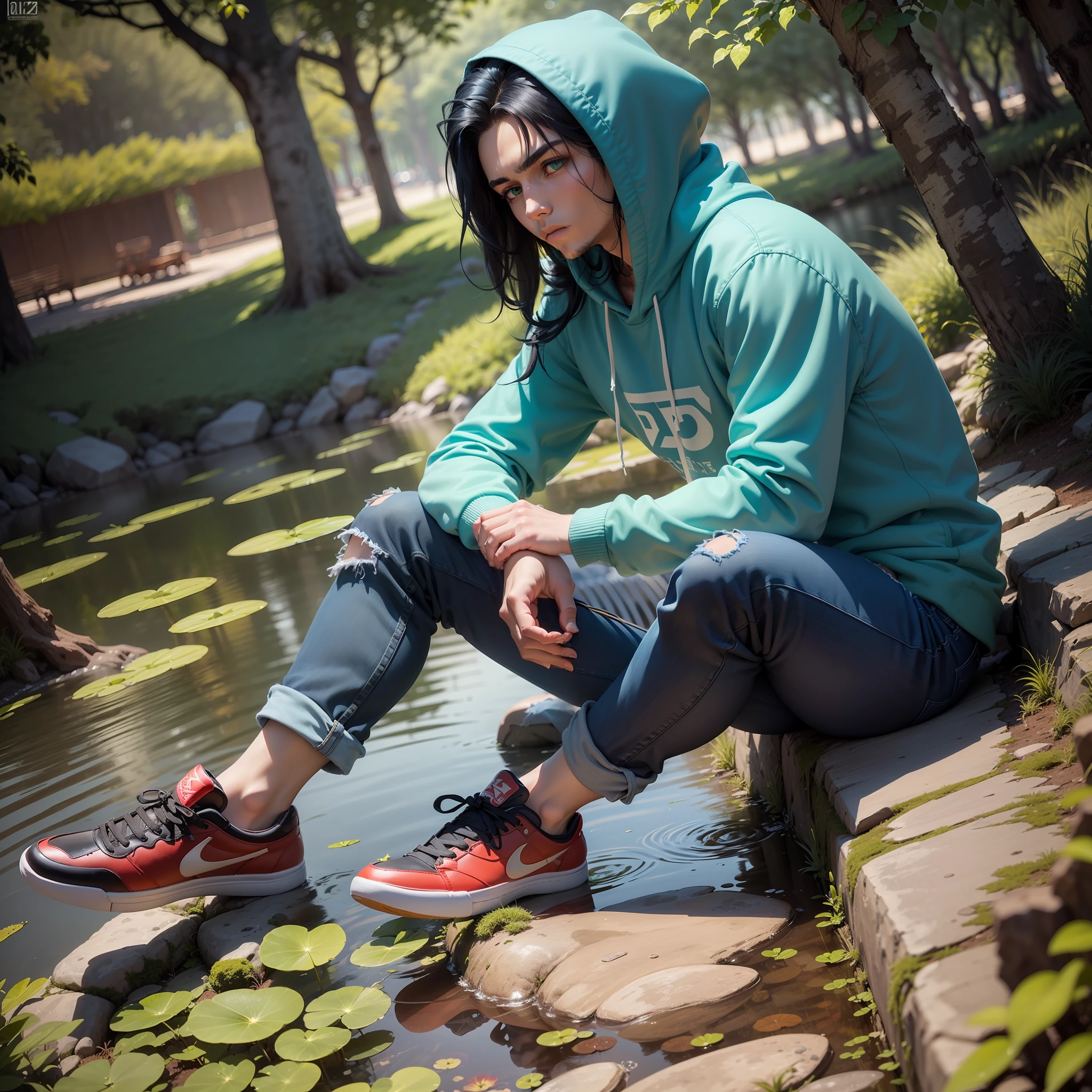 (dramatic illumination, dynamic angle, intense color contrast), (young man with long black hair dyed blue at ends, brown skin, green eyes: 1.2), (sitting cross-legged by a pond), (wearing hoodie, ripped blue jeans, red sneakers:1.1), (meditating), slacker