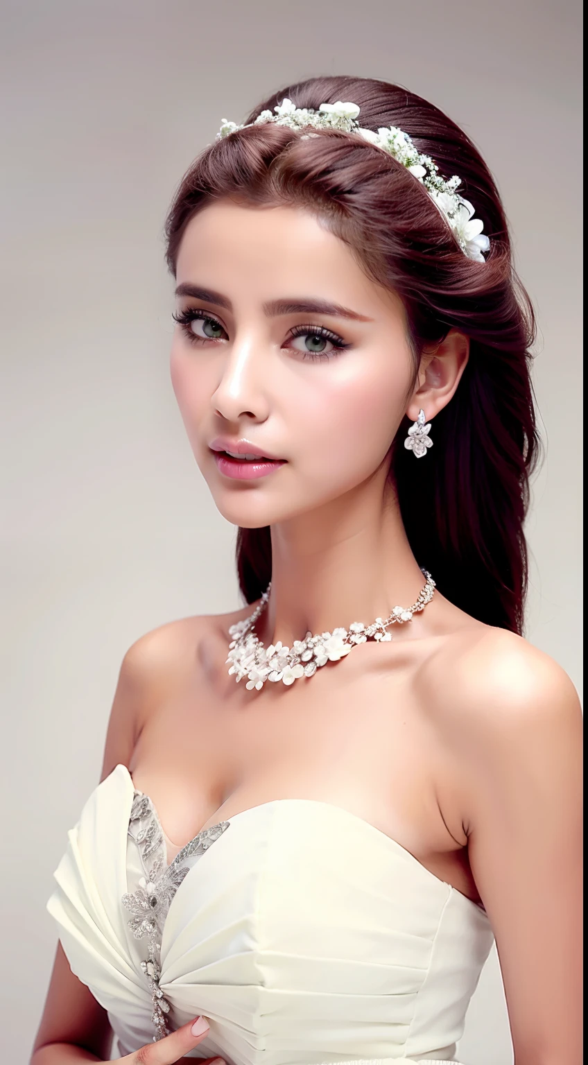 Fashion model 18 years old [[[[closeup cleavage]]]], [[[[boobgasm]]]], [[[[coll]]]], [[[[bshoulders]]]], perfect  eyes, Perfect iris，perfect lips，perfect teeth，Perfect skin，Long face，Soft front light，HDR，white apparel，Outfit in black，green outfit，White or pink flowers on the background，（pastel colour：1.2）