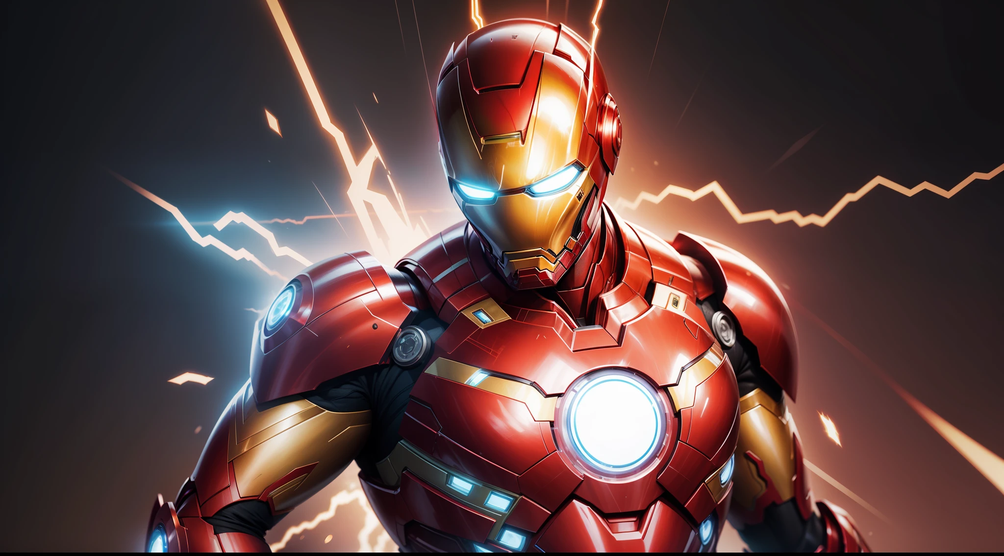 Create a flashy illustration of Iron Man, ela deve aparecer o homem de ferro inteiro, e escreva as palavras" EU SOU O HOMEM DE FERRO" ao lado do homem de ferro, pode fazer letras com luzes para dar destaque