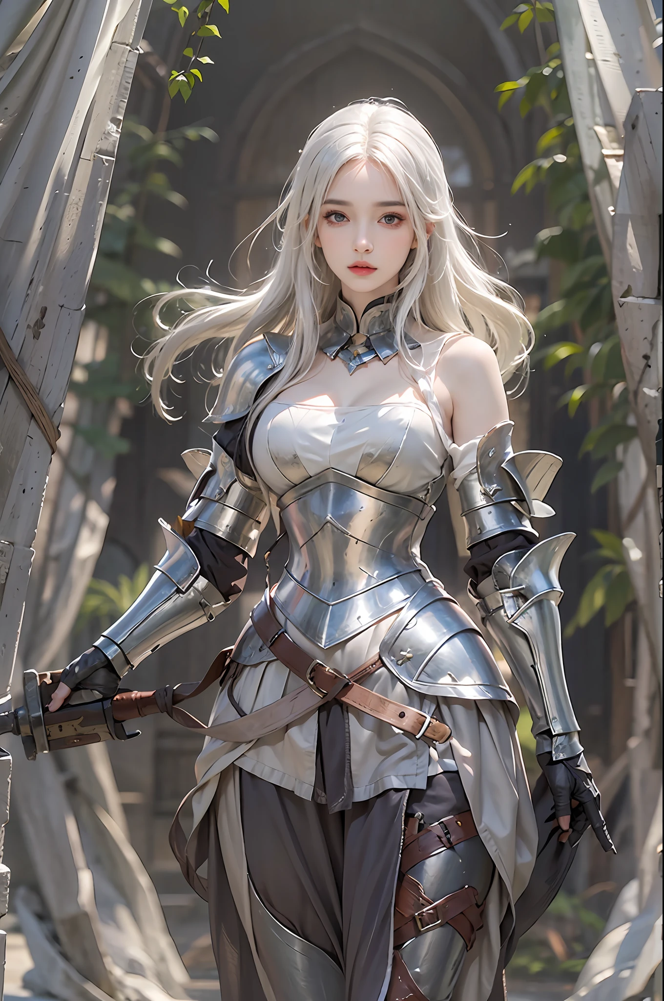 photorealistic, high resolution, 1 girl, hips up, white long hair, beautiful eyes, normal breast, dark souls style, knight armor