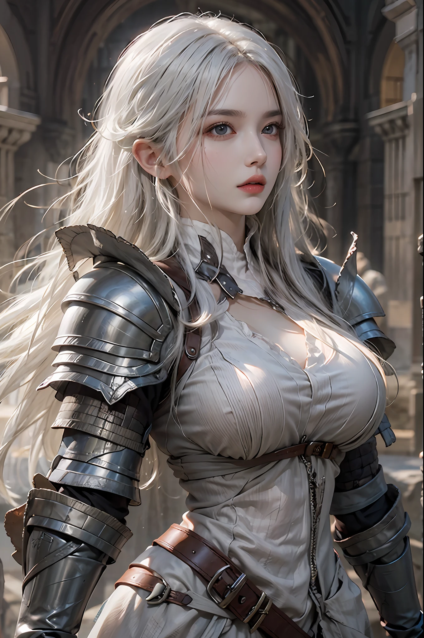 photorealistic, high resolution, 1 girl, hips up, white long hair, beautiful eyes, normal breast, dark souls style, knight armor