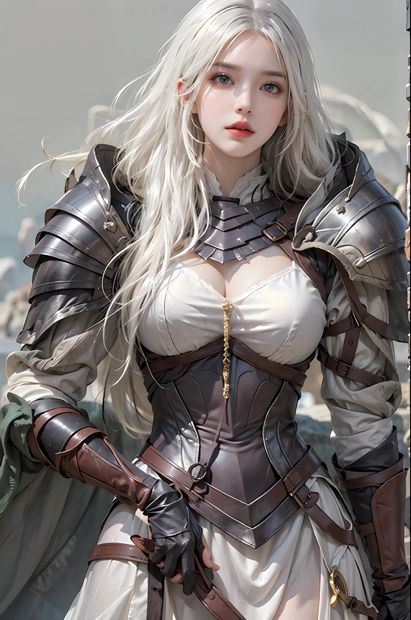 photorealistic, high resolution, 1 girl, hips up, white long hair, beautiful eyes, normal breast, dark souls style, knight armor