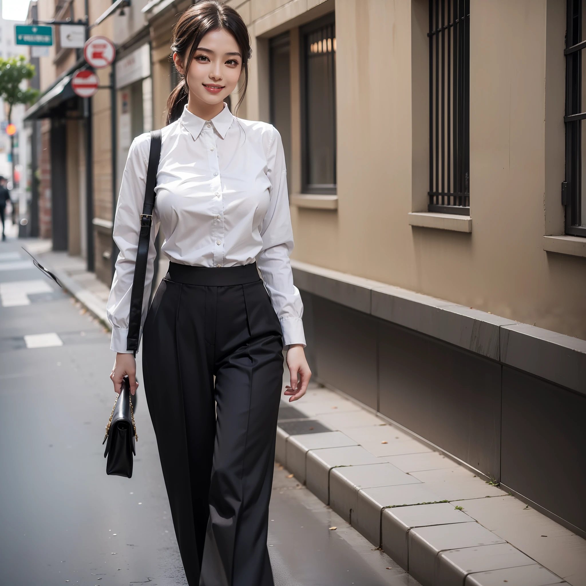 Top image quality、hight resolution、Beautiful One Woman in Perfect Style、affectionate smile、formal pants、Flared pants、Gaucho Pants、Wide pants、big breasts thin waist、slim legs、A clear day、the wind